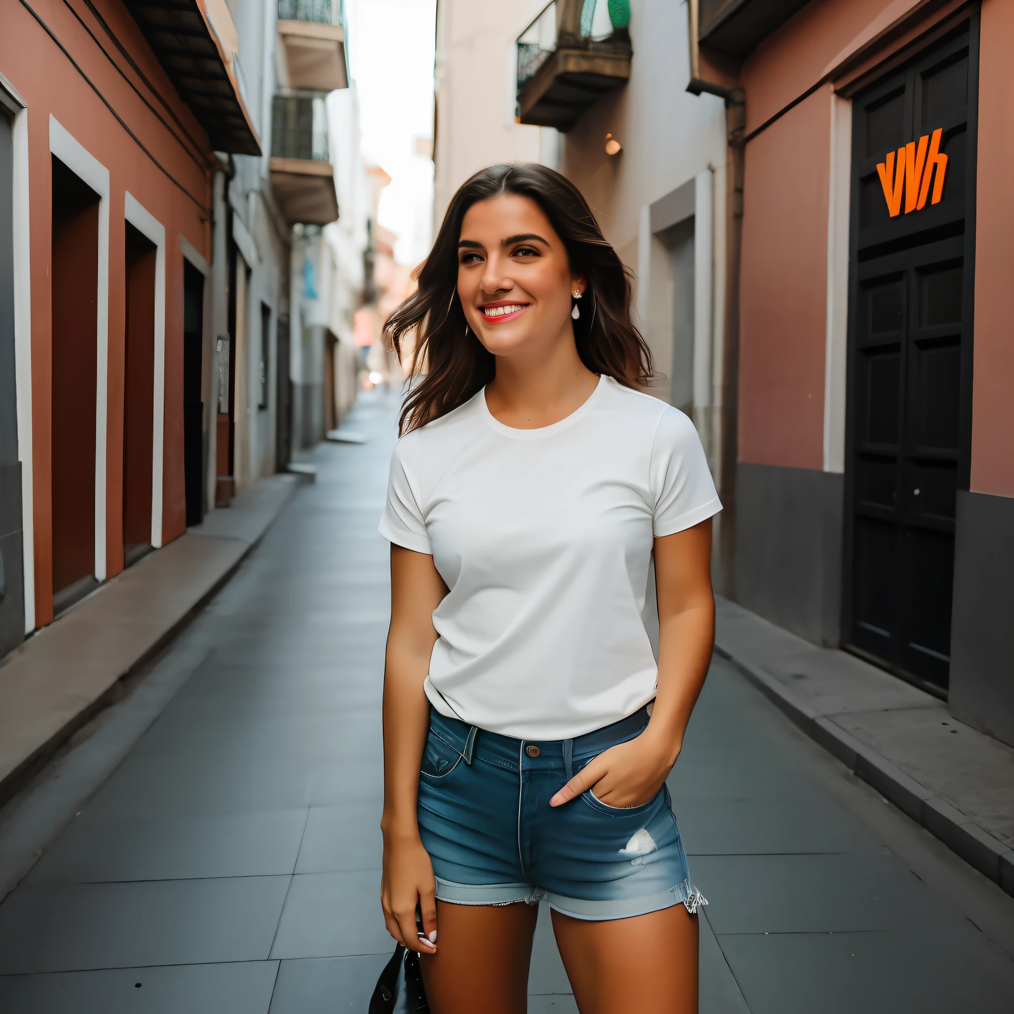 Foto CRU, uma foto de retrato da mulher linda vestida com t-shirt, parte superior do corpo, noite, rua da cidade, (pele altamente detalhada: 1.2), 8k hd, dslr, soft lighting, alta qualidade, film grain, Fujifilm XT3