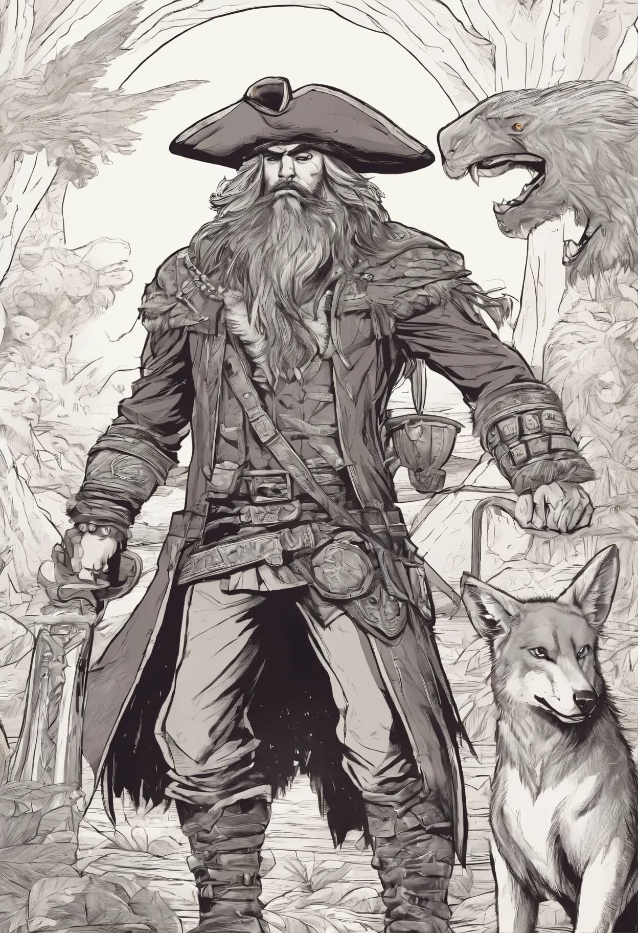 create a dark pirate with a very scary wolf at his side a macaw on his shoulde