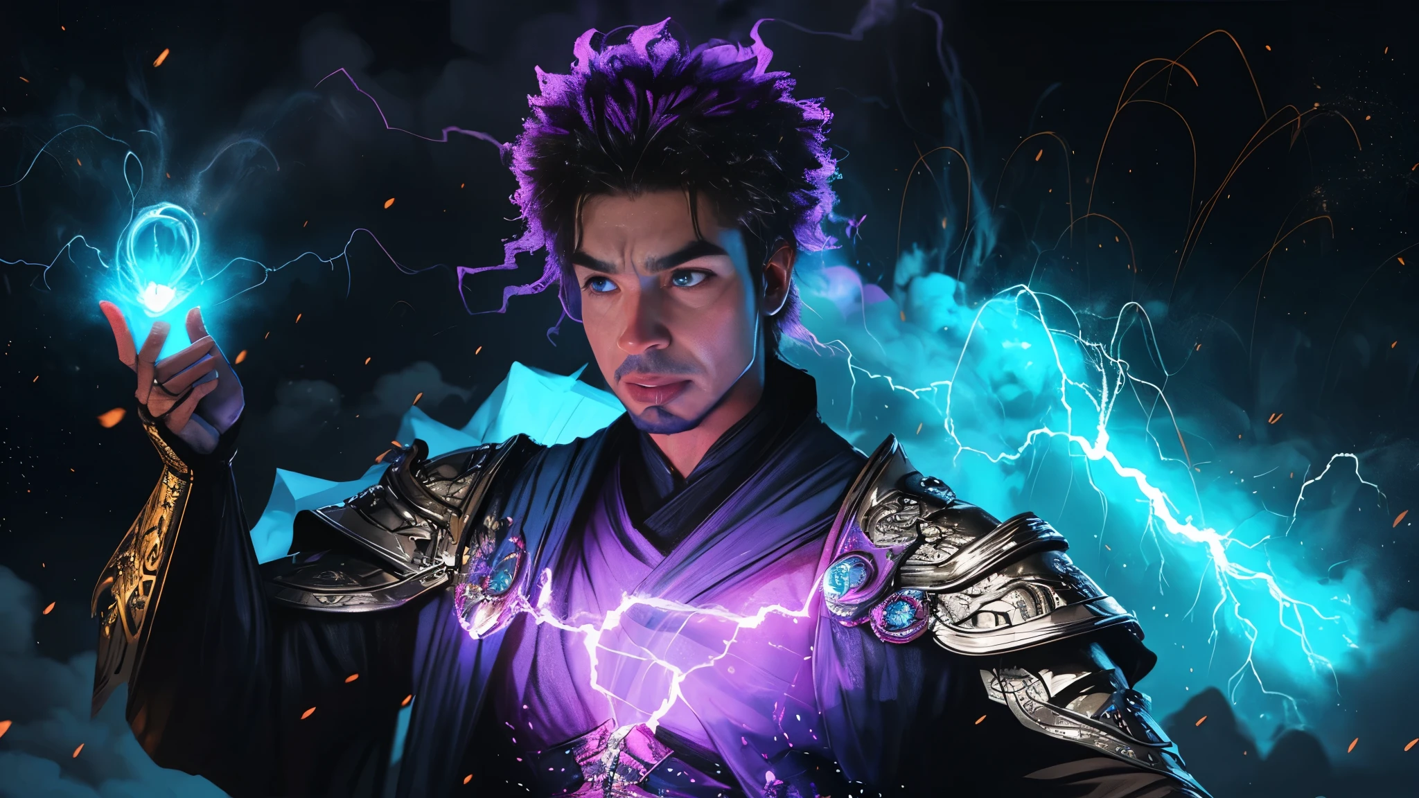 Por favor, crie uma imagem que retrate Zeus, the Greek god of thunder and lightning, em toda a sua majestade e poder. The image is supposed to show Zeus standing in an imposing pose, with a serene and dominant expression on his face. Quero que Zeus esteja envolto em efeitos de eletricidade, with bright blue rays radiating from him in all directions. In one hand, ele deve segurar um raio azul, which should appear to be pulsing with electrical energy. In the other hand, ele deve segurar um cajado dourado, com uma cobra enrolada em volta dele. A cobra deve ser dourada e parecer viva, with glowing eyes and a purple tongue sticking out of its mouth. The staff must also emit electricity effects, with purple and blue sparks coming from the ends. As cores principais da imagem devem ser preto, branco, roxo, dourado e azul. O fundo da imagem deve ser escuro, with purple and blue clouds in the sky, indicando uma tempestade se aproximando