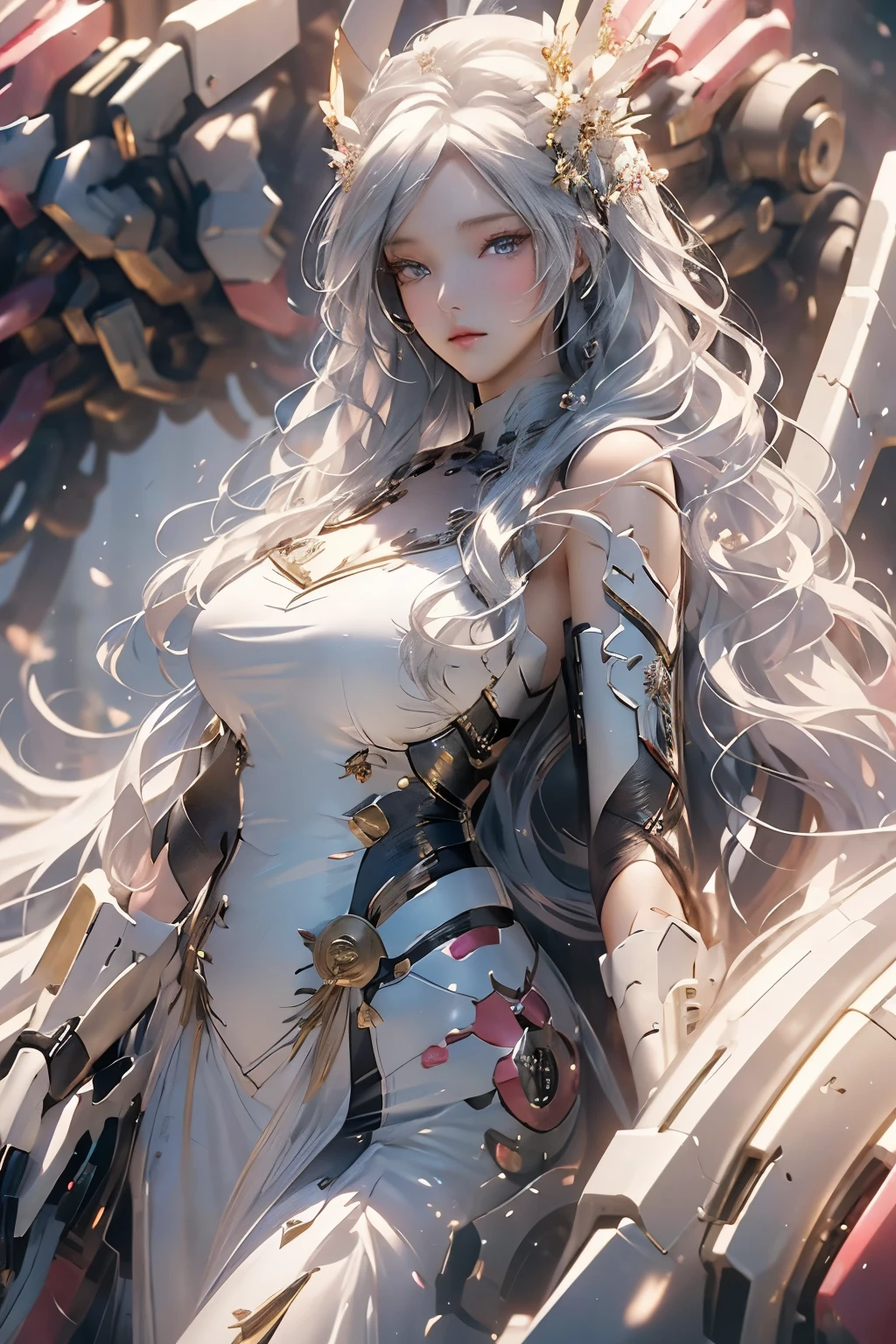 Masterpiece of top quality, showcasing Illustrious Maiden Lily's radiating beauty from Azur Lane. (1girl) With white hair cascading down like picture-perfect waves, her very long and flowing strands mirror the silken clouds above. Her poised stature, adorned with elaborate hair ornaments, accentuates her refined elegance. Her captivating blue eyes, as vast as the tranquil waters of a serene lake, fixate the gaze of all who behold her.

Her voluptuous figure, adorned in an official alternate costume, embraces the intricate designs and soft, flowing fabrics of Chinese clothes. The elegant