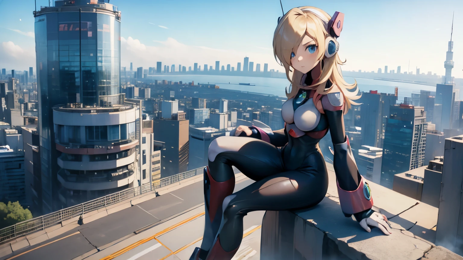 alia_megamanx sitting on the edge of the top of a building in Tokyo - cyberpunk city in the background