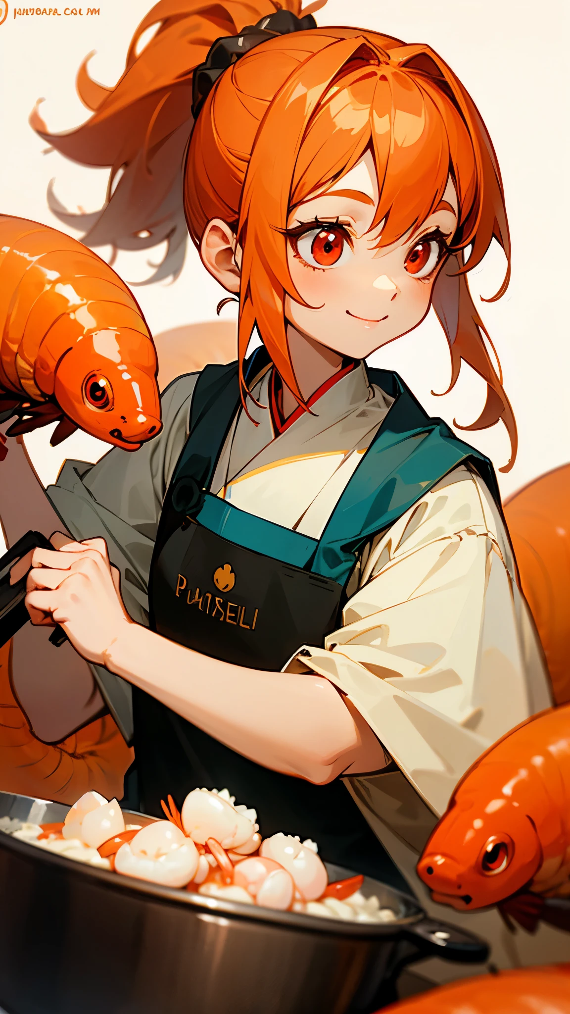 High quality anime painting、Cute shrimp woman cooks delicious food in the kitchen、Glowing orange hair、ponytail、round red eyes、From the side、peasant tunic、Blue apron、evil smile、upper body close-up