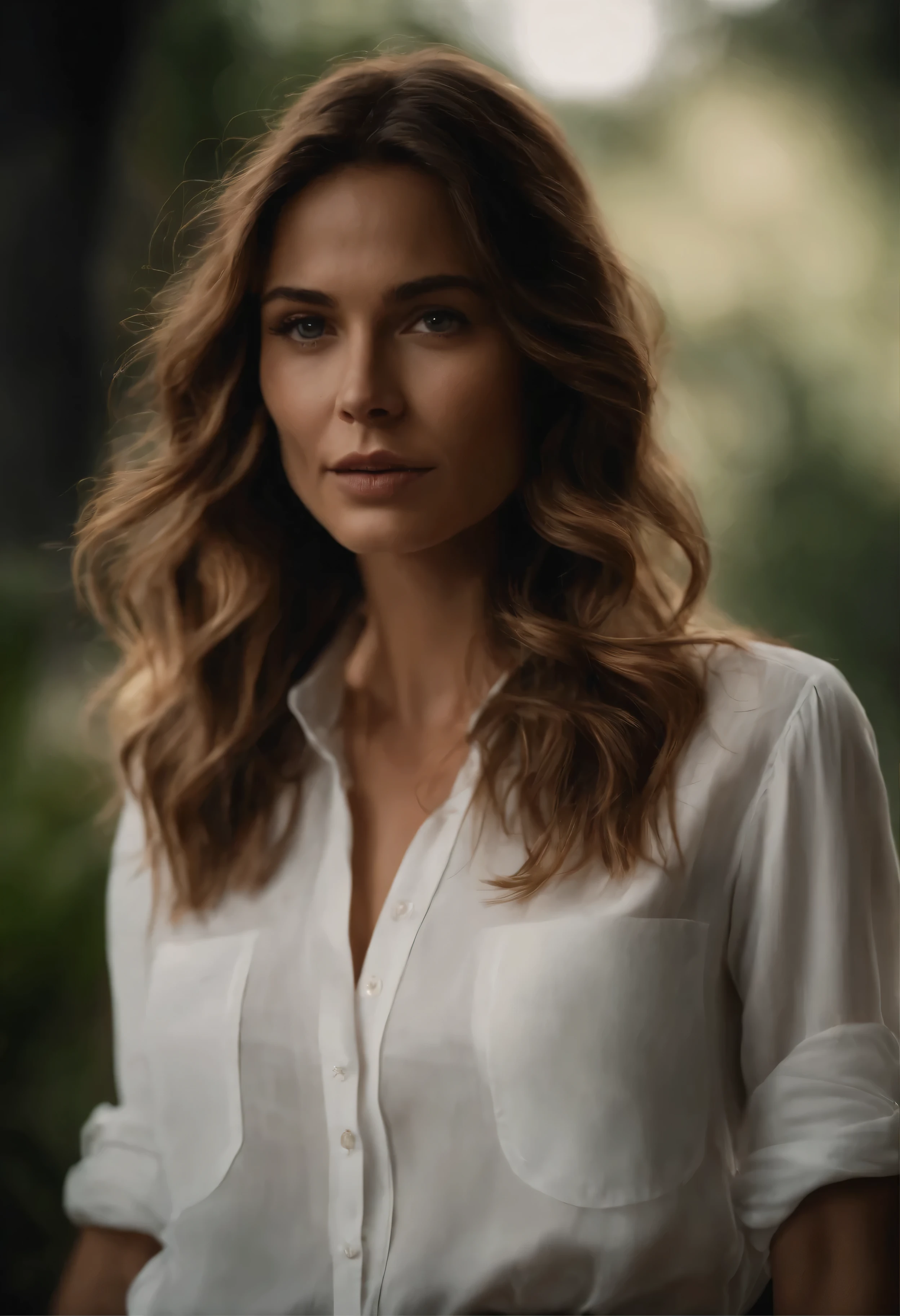 Desbotões,Uma mulher bonita,Thin abdomen,Light brown hair with a loose, wavy hairstyle and a white button-down shirt with highlights,
