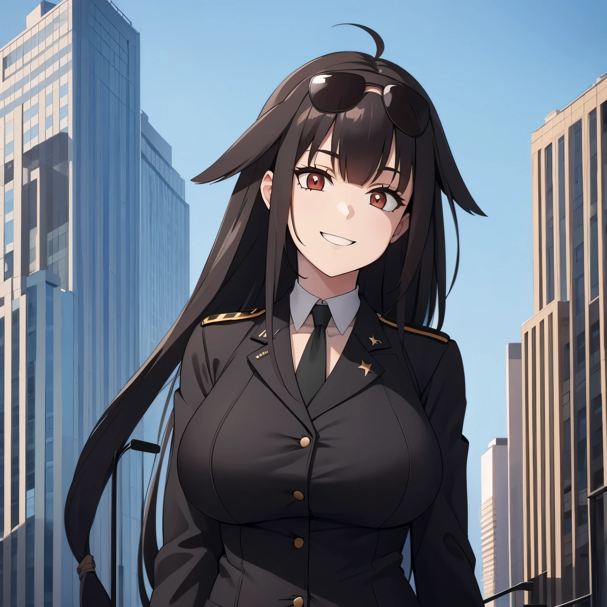 A woman wearing black military suit, long black hair, red eyes, cute face, big breasts, smiles, in a big city at day.
