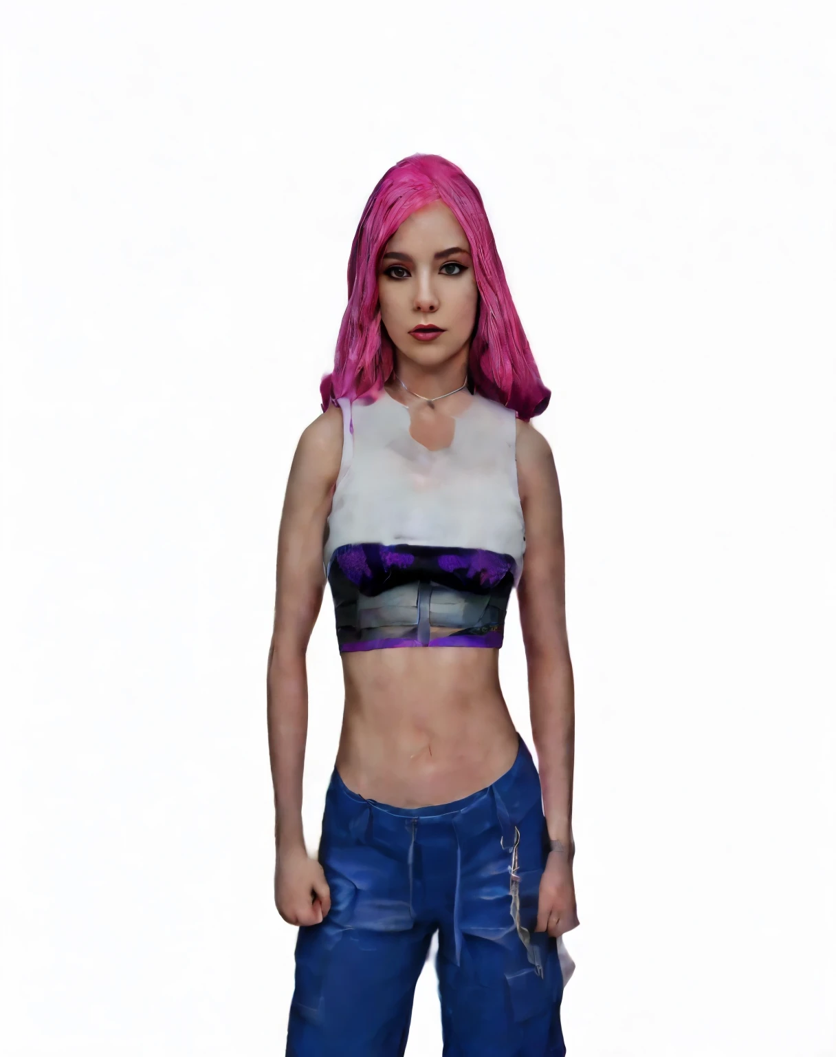 photo realistic, woman wrestler with pink hair and a white top, realistic face, realistic body, female outfit, intricate detail
