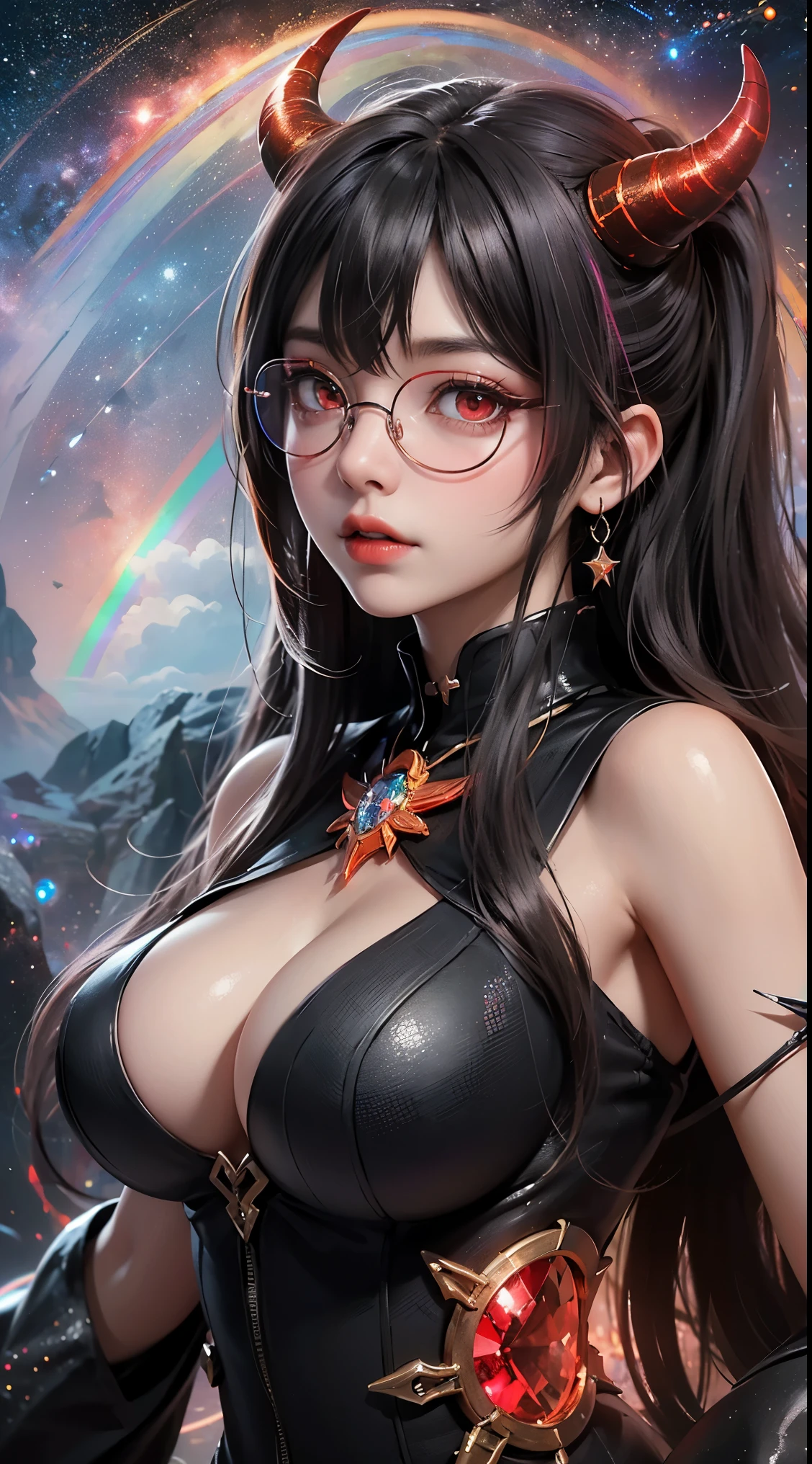 1名 27歳 woman, Understood、(best illustrations)、8k UHD resolution、intricate details、最high quality、realistic、Super detailed、best lighting、best shadow、soft lighting、ultra hd、dungeon and Dragon、cave、dungeon、 necromancer、night、dark style、Succubus、devil'Daughter of、bat wings,(((demon hornラック縁round glasses))))、(((big breasts)))、(devil'tail)、(red eyes shine:1.6)、masterpiece、beautiful features、Tyndall effect、realisticphotograph、(high detail skin:1.2)、8KUHD、Digital single-lens reflex camera、high quality、photograph、High resolution、 absurd、Ponytail distortion、Optimal ratio of 4 fingers and 1 thumb、1 girl、hair ornaments、真っ赤に輝くgemのネックレス、gem、beautiful expression、body up、big breasts emphasis、tight waist、wide ass、Tyndall effect、Photoreal、(high detail skin:1.2)、dark and mysterious version, lipstick red lips, thin and beautiful lips, Don'Don'don't laugh, please keep your mouth shut, Characters created by Karol Baku and Pino Denis, intricate details, detailed background, very detailed, magic of light, woman, cute face, ((((giant glasses, otaku glasses, thick glasses, round glasses))))、, (((demon horn))))、(((bat wings))))、 looking at the Upper body of the goddess , round chest, big and round chest, phoenix hair brooch, long hair with bangs, (Long hair has seven colors like a rainbow:1.9), Beautifully detailed face and well-proportioned eyes, (crystal clear red eyes: 1.8), Big round eyes and very beautiful and detailed makeup, Visionary, long silk nightgowns, mysterious makeup, ブresponseレット, I dyed the side bangs light yellow..., Upper body, (goddess Upper body: 1.8), hanging arms, リアルで鮮やかなphotograph, (stars that make up : 1.7), ( Space-time portal of sky and imagination: 1.8), fiction art, RAWphotograph,黒い着物のphotograph, 最高のphotograph , expensive_response, 最high quality, 最高のphotograph, 8K quality, 8K Ultra , surrealism, 最も経済的な本物のphotograph, Artistic portrait of 12 signs, Symbol of one of the 12 signs on the reverse side, 12 A Portrait of a Goddess, 最もrealistic配色, 最高のphotograph color, masterpiece, hair ornaments, ネックresponse, jewelry, beautiful face, Upper body, Tyndall effect, photographのようにリアルな, Dark studio, border light, two tone light, (fine skin) expensive: 1.2), 8k UHD, Digital single-lens reflex camera, soft light, expensive quality, volume light, Frank, photograph, expensive responseolution, 4K quality, 8k, Bokeh, smooth and sharp, 10x more pixels, Charming goddess, sexy goddess, (background space: 1.8), (milky way: 1.7), aurora, lightning, (auroraの背景: 1.8) <roller:crazy_perfect eyes_v1_from_v1_, beautiful goddess and flowers, (((demon horn))))、(((bat wings))))、