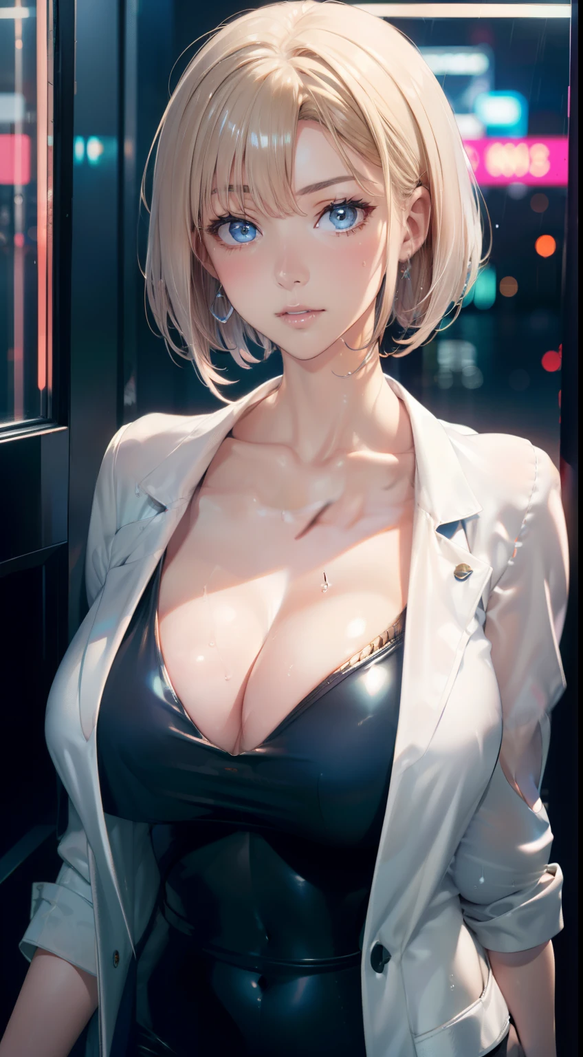 1girl, bangs, white hair, blue eyes, fashi-g,bob cut,short hair, cleavage, collarbone, open jacket,mecha,cyberpunk,neon lights,large breasts,mature female,shiny skin,rain,water drop,