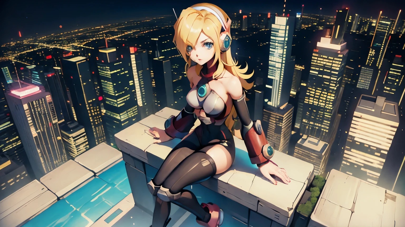 alia_megamanx sitting on the edge of the top of a building in Tokyo - cyberpunk city in the background