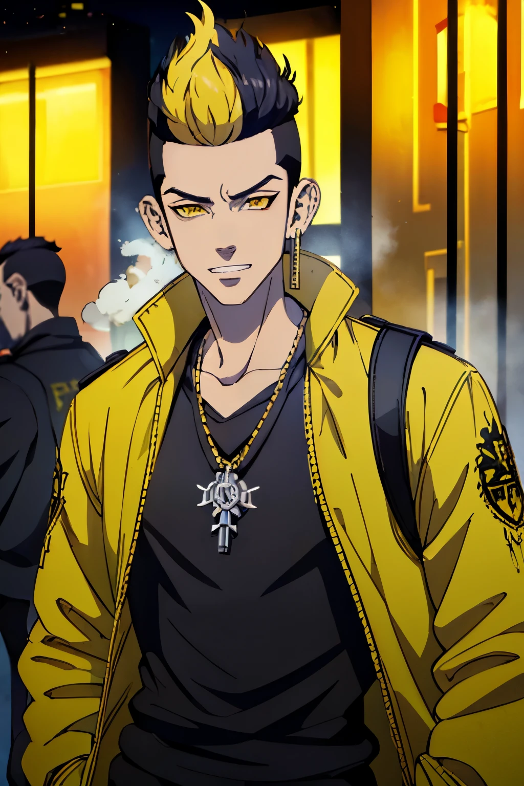 man with hip hop style clothing, smoking in the street, black hair and yellow pompadour, villain face, ultra detailed, highest quality, 8k, high contrast, night,masterpiece