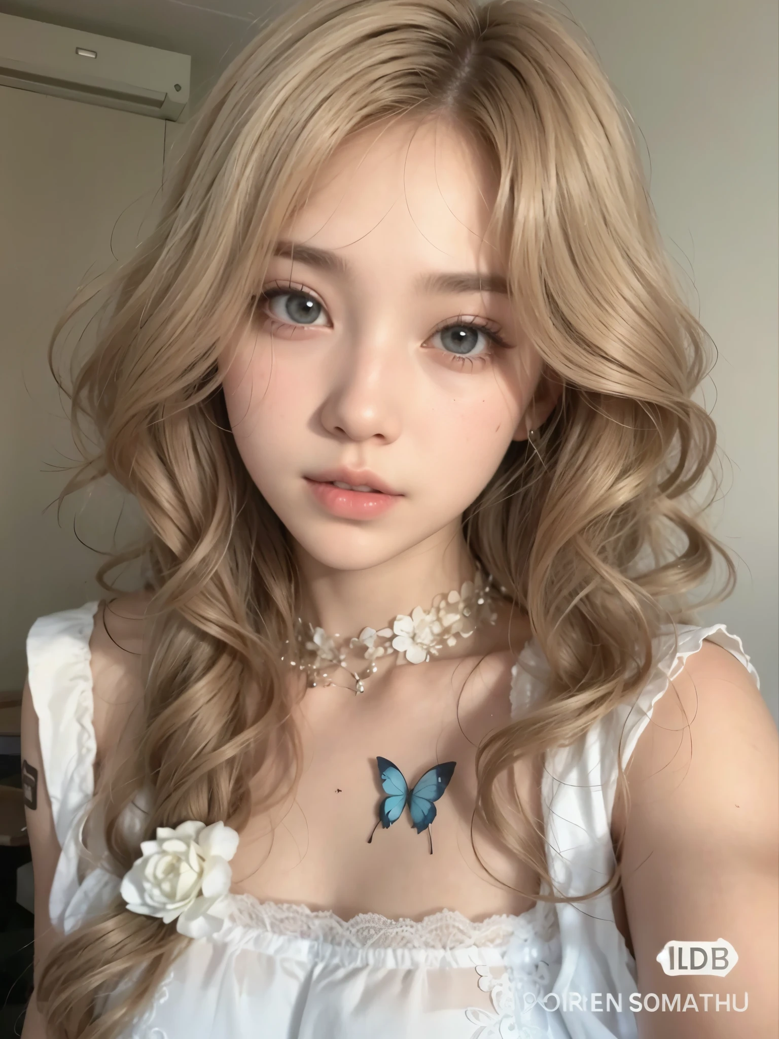 un primer plano de una mujer con cabello largo y vestido blanco, Retrato realista kawaii, pelo beige, ulzzang, long wavy light brown hair, grayish ash blond hair, sakimichan, pelo rubio ceniza, linda cara de anime natural, ig model | germen de arte, pale skin curly blonde hair, Pelo suave, pelo rubio ceniza