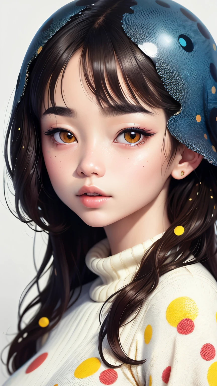 (masterpiece, best quality:1.2),illustration art,Kusama Yayoi's style,simple background,a beautiful girl,Skin detail processing,The eyes are very detailed,sweater,(((Speckled pattern))),blue,White,,black