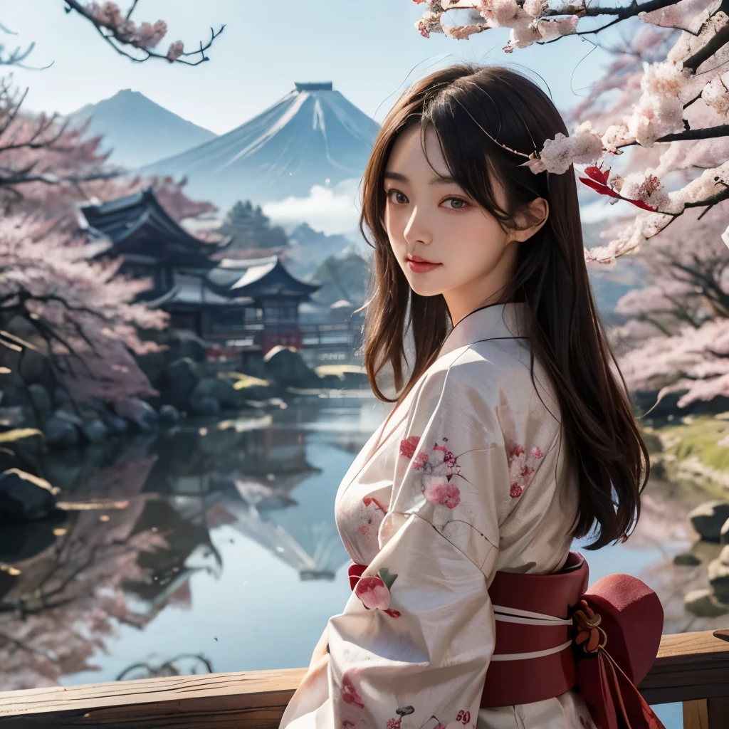 (background：The mountains are full of cherry blossoms，Mountains and fog)((Ukiyo-e))japanese art,or period,tokyo art, lily,Natural landscape.(masseter membrane、top quality、Ukiyo-e style、mystery、Exquisite and beautiful、official art、Sharaku:1.2)、(1 japanese girl in:1.3)、(Fractal art:1.3)、cowboy shooting、White skin、(beautiful brunette、kimono:1.2)、以日本传统表演艺术为background、rich and colorful、(reel、Belongs to Japanese style:1.2)、