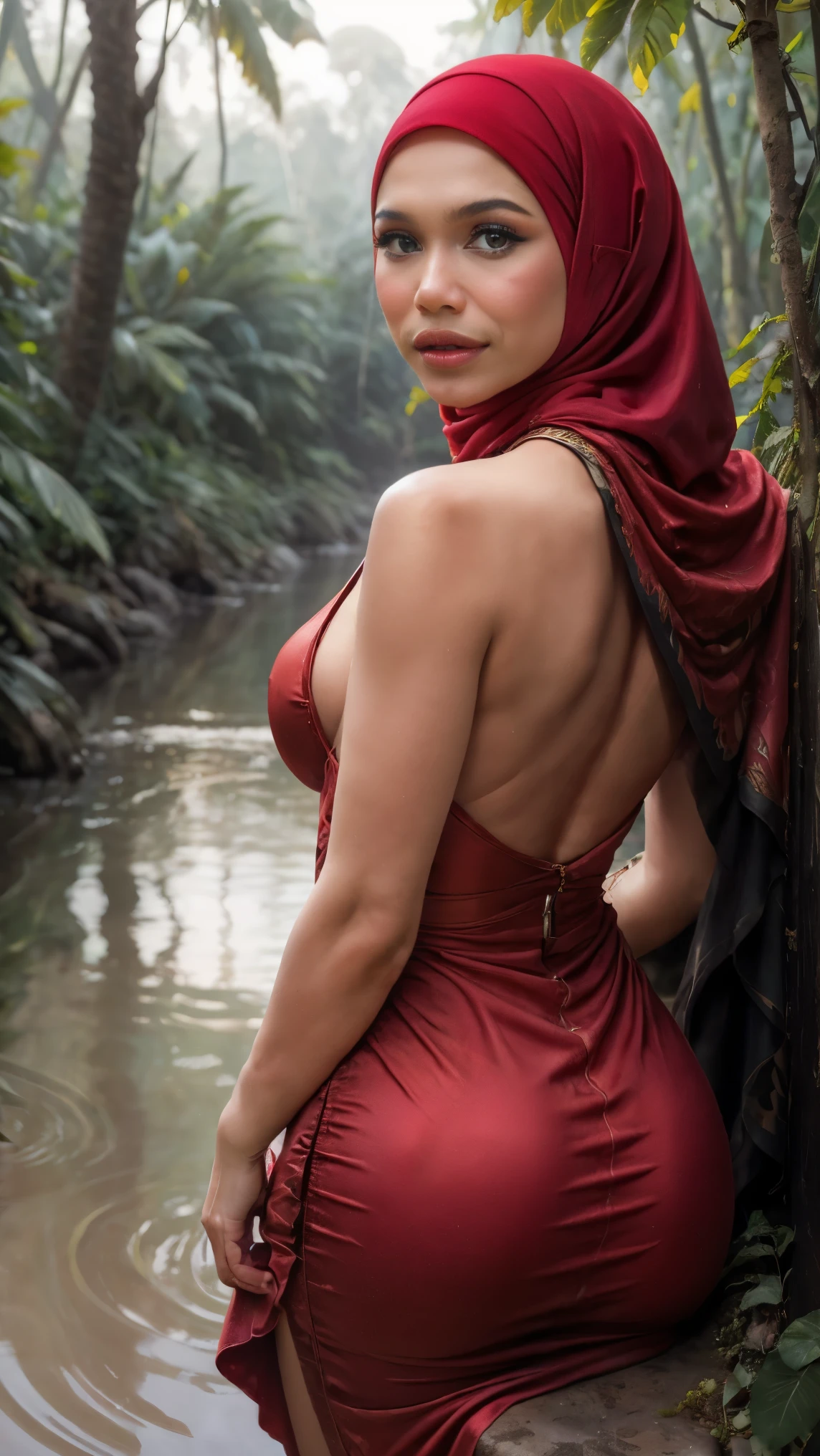 close-up portrait of a beautiful malay woman with red hijab, tiny, small, teen, ((doggy pose)) in a jungle river, pov from above, back view pose, wearing red dress, tight, pear body shaped, small breast, reeds, (backlight), realistic, masterpiece, high quality, lens reflection, shadow, flower, [[chromatic aberration]], by Jeremy Lipking, by Antonio J. Manzanedo,