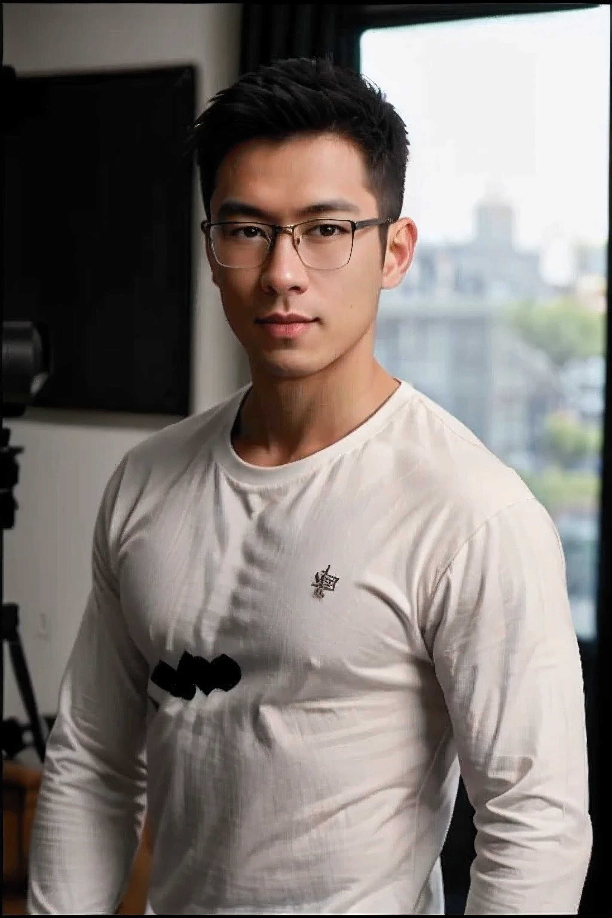 1man,
a 30 y.o muscular male wearing long-sleeve white shirt and tie, wearing clear rectangle browline glasses, with a watch, upper body,
in camera studio with 3 flash, soft lighting,
masterpiece, best quality, 8k uhd, dslr, film grain, Fujifilm XT3 photorealistic painting art by midjourney and greg rutkowski