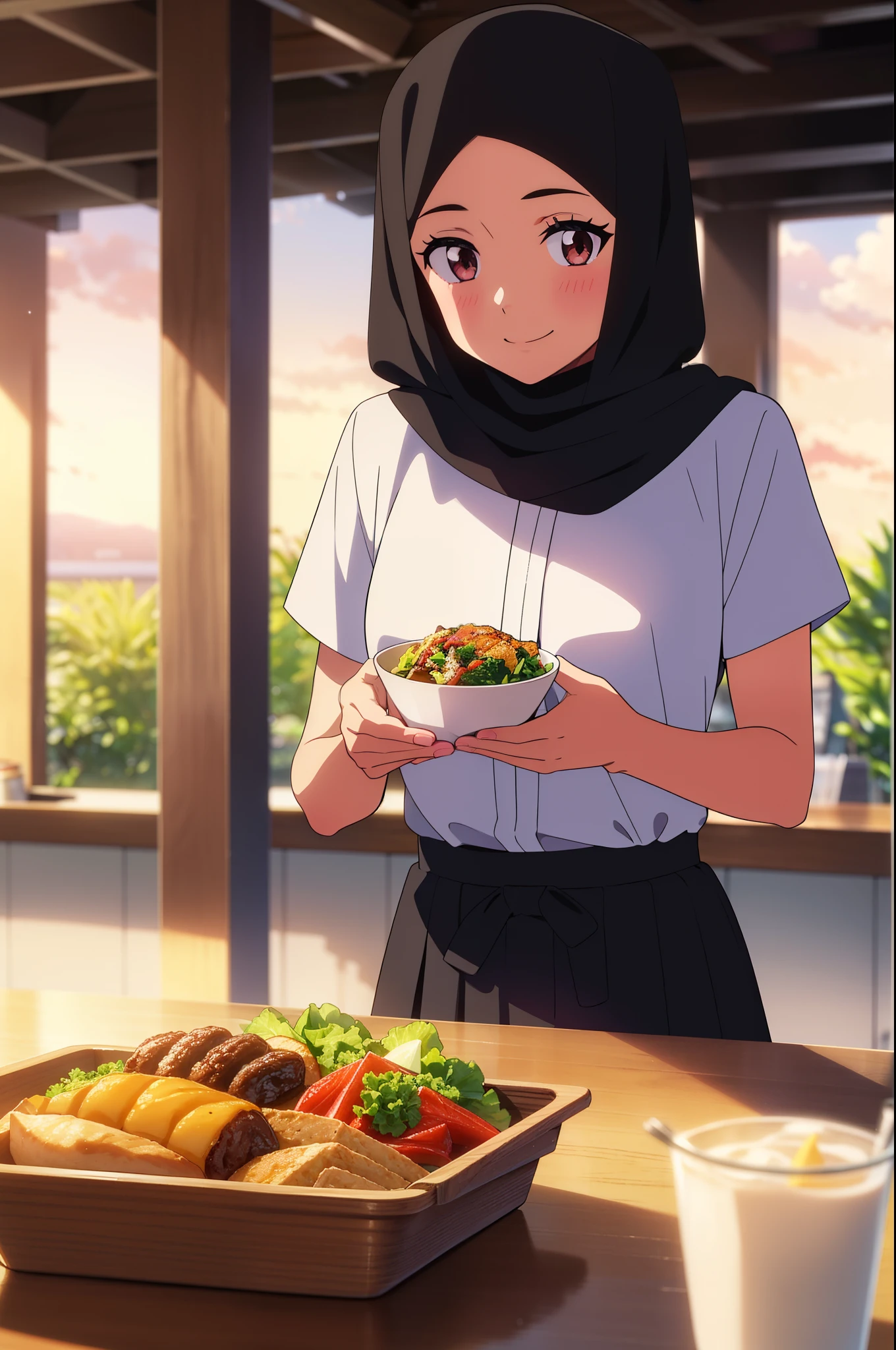 shinkai makoto, kimi no na wa., 1girl, bangs, black hair, short hair, ((wearing islamic hijab)), blush, bright eyes, brown eyes, red bow, smile, cute, beautiful, shiny skin, solo, looking at the viewer, shirt, white shirt, short sleeves, black skirt, long skirt, evening, sunset, cloudy, dynamic lights, restaurant, resto, cafe, foods, drinks, table, chair, sitting, POV (POV boy's bringing foods POV)