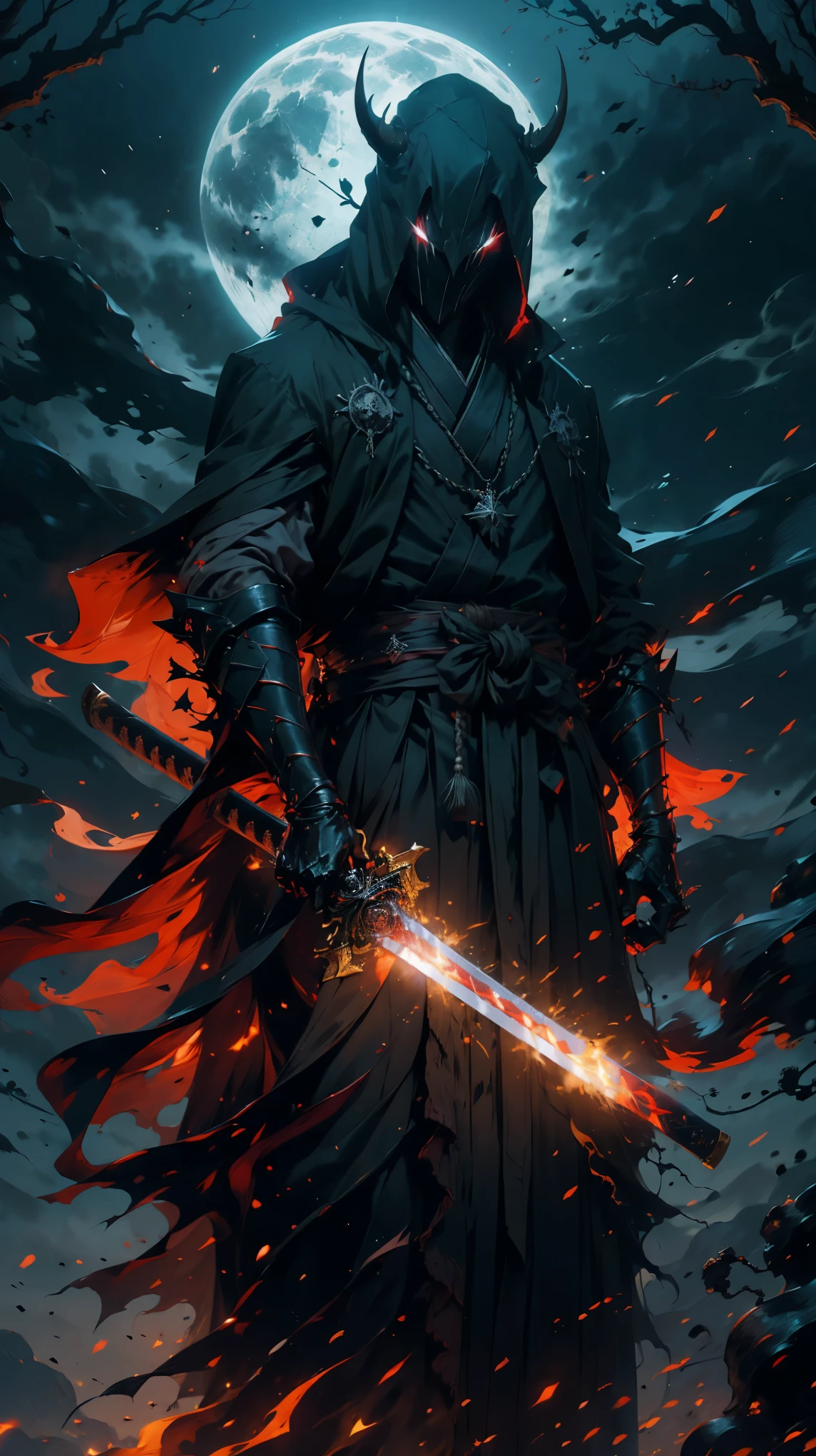 A man in a black robe holding a sword in front of a full moon - SeaArt AI
