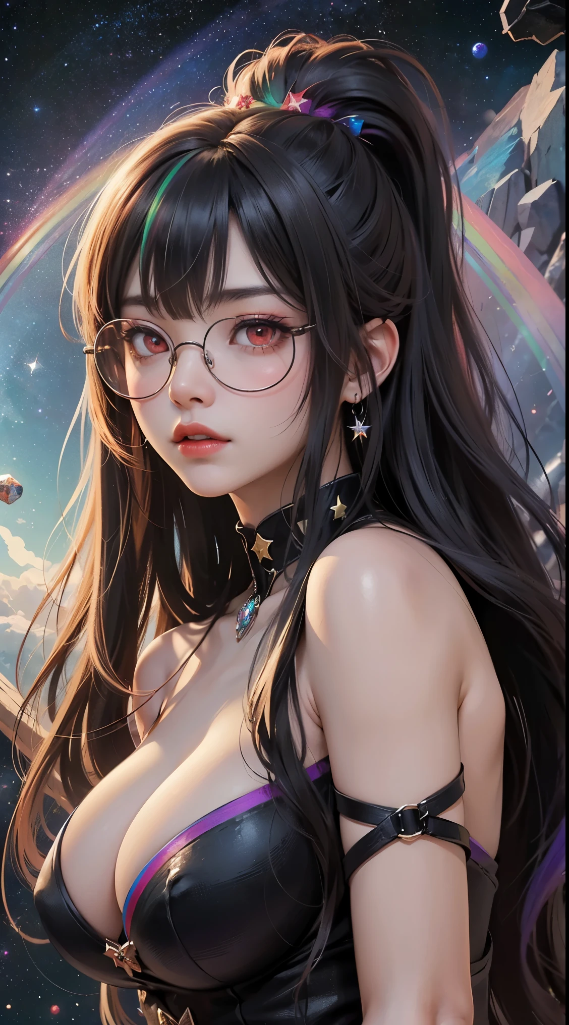 1名 27歳 woman, Understood、(best illustrations)、8k UHD resolution、intricate details、最high quality、realistic、Super detailed、best lighting、best shadow、soft lighting、ultra hd、dungeon and Dragon、cave、dungeon、 necromancer、night、dark style、Succubus、devil'Daughter of、bat wings,(((デーモンホーンラック縁round glasses))))、(((big breasts)))、(devil'tail)、(red eyes shine:1.6)、masterpiece、beautiful features、Tyndall effect、realisticphotograph、(high detail skin:1.2)、8KUHD、Digital single-lens reflex camera、high quality、photograph、High resolution、 absurd、Ponytail distortion、Optimal ratio of 4 fingers and 1 thumb、1 girl、hair ornaments、真っ赤に輝くgemのネックレス、gem、beautiful expression、body up、big breasts emphasis、tight waist、wide ass、Tyndall effect、Photoreal、(high detail skin:1.2)、dark and mysterious version, lipstick red lips, thin and beautiful lips, Don'Don'don't laugh, please keep your mouth shut, Characters created by Karol Baku and Pino Denis, intricate details, detailed background, very detailed, magic of light, woman, cute face, ((((giant glasses, otaku glasses, thick glasses, round glasses))))、 looking at the Upper body of the goddess , round chest, big and round chest, phoenix hair brooch, long hair with bangs, (Long hair has seven colors like a rainbow:1.9), Beautifully detailed face and well-proportioned eyes, (crystal clear red eyes: 1.8), Big round eyes and very beautiful and detailed makeup, Visionary, long silk nightgowns, mysterious makeup, ブresponseレット, I dyed the side bangs light yellow..., Upper body, (goddess Upper body: 1.8), hanging arms, リアルで鮮やかなphotograph, (stars that make up : 1.7), ( Space-time portal of sky and imagination: 1.8), fiction art, RAWphotograph,黒い着物のphotograph, 最高のphotograph , expensive_response, 最high quality, 最高のphotograph, 8K quality, 8K Ultra , surrealism, 最も経済的な本物のphotograph, Artistic portrait of 12 signs, Symbol of one of the 12 signs on the reverse side, 12 A Portrait of a Goddess, 最もrealistic配色, 最高のphotograph color, masterpiece, hair ornaments, ネックresponse, jewelry, beautiful face, Upper body, Tyndall effect, photographのようにリアルな, Dark studio, border light, two tone light, (fine skin) expensive: 1.2), 8k UHD, Digital single-lens reflex camera, soft light, expensive quality, volume light, Frank, photograph, expensive responseolution, 4K quality, 8k, Bokeh, smooth and sharp, 10x more pixels, Charming goddess, sexy goddess, (background space: 1.8), (milky way: 1.7), aurora, lightning, (auroraの背景: 1.8) <roller:crazy_perfect eyes_v1_from_v1_, beautiful goddess and flowers,