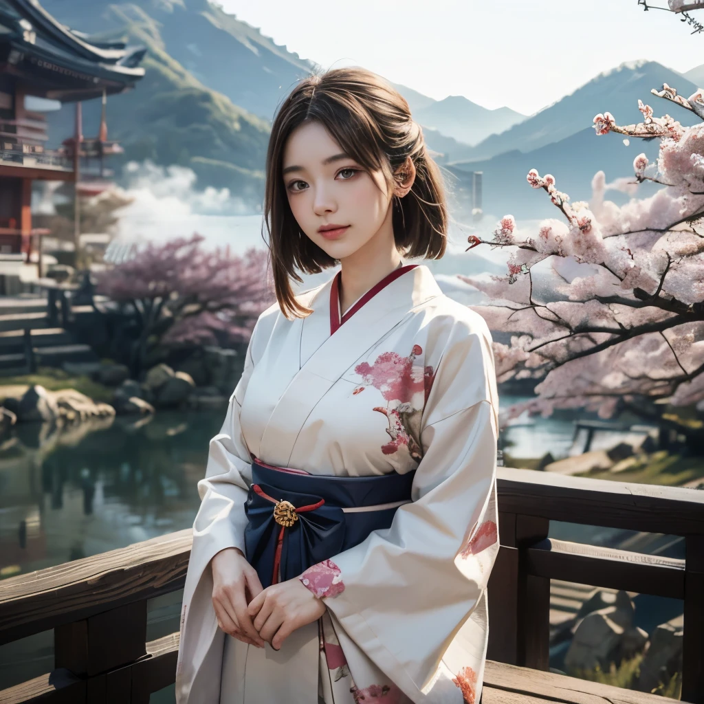 (background:The mountains are full of cherry blossoms,Mountains and fog)((Ukiyo-e))japanese art,or period,tokyo art, lily,Natural landscape.(masseter membrane、top quality、Ukiyo-e style、mystery、Exquisite and beautiful、official art、Sharaku:1.2)、(1 japanese girl in:1.3)、(Fractal art:1.3)、cowboy shooting、White skin、(beautiful brunette、kimono:1.2)、以日本传统表演艺术为background、rich and colorful、(reel、Belongs to Japanese style:1.2)、