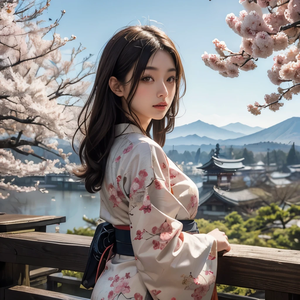 (background:The mountains are full of cherry blossoms,Mountains and fog)((Ukiyo-e))japanese art,or period,tokyo art, lily,Natural landscape.(masseter membrane、top quality、Ukiyo-e style、mystery、Exquisite and beautiful、official art、Sharaku:1.2)、(1 japanese girl in:1.3)、(Fractal art:1.3)、cowboy shooting、White skin、(beautiful brunette、kimono:1.2)、以日本传统表演艺术为background、rich and colorful、(reel、Belongs to Japanese style:1.2)、