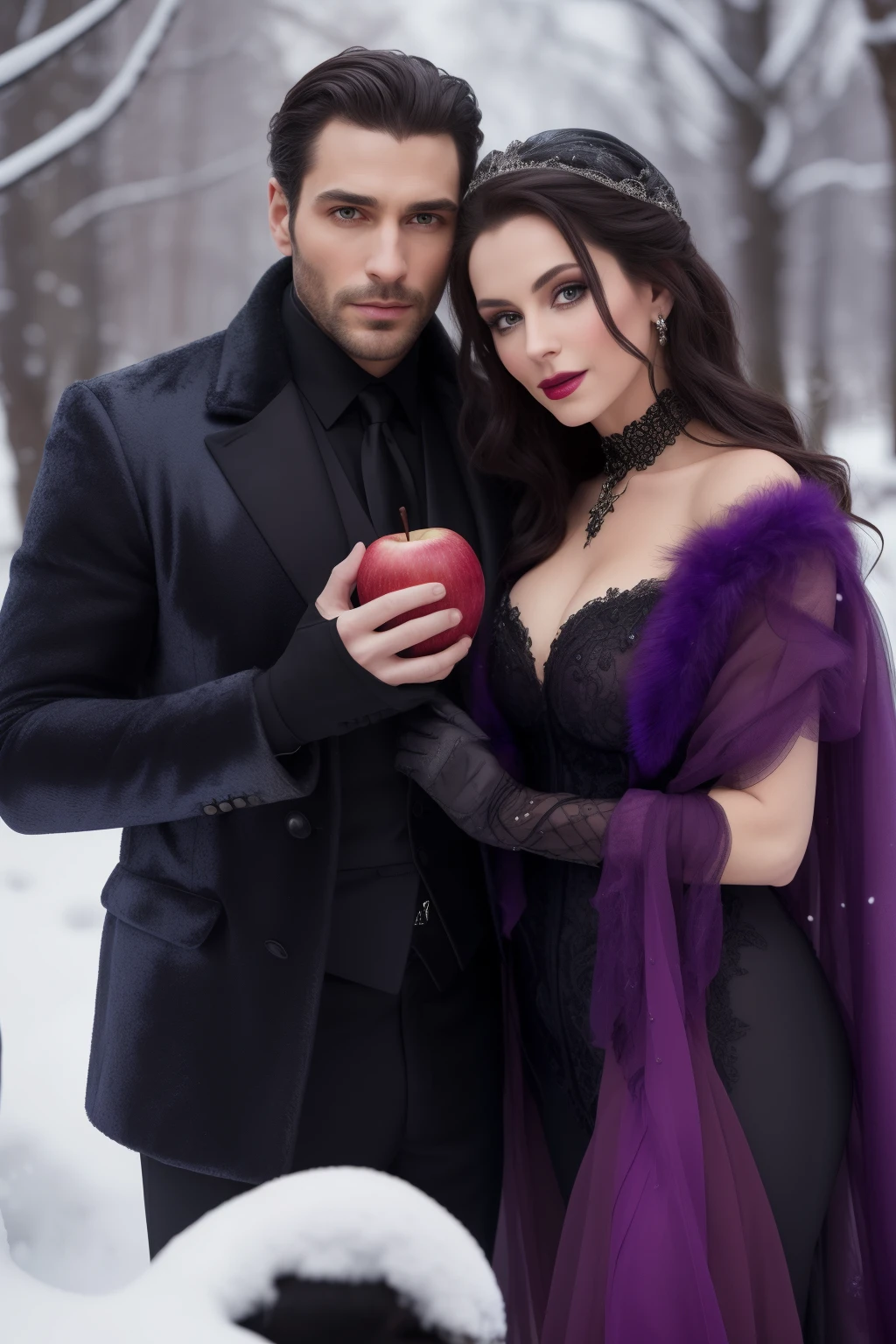 Title: "Enchanted Entanglements"

A captivating book cover, shrouded in dark romance, showcases a seductive scene between a handsome man in a tailored suit and a mesmerizing native woman with violet-highlighted curls. The man exudes an air of sophistication, his piercing eyes locked onto the woman's, as they both hold apples in their gloved hands. The woman, dressed as a tantalizing witch, with a smoldering gaze and an alluring smile, adds an enchanting allure to the image. The wintry setting, with the snow-covered ground as a backdrop, further intensifies the romantic and mysterious