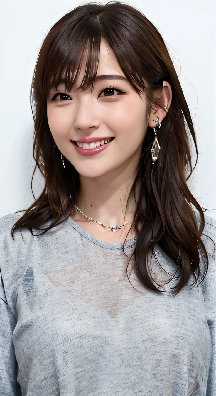 highest quality, whole body, masterpiece, dark eyebrows, ultra high resolution, realistic, very detailed, professional lighting smile, eagle nose, black hair、dark eyeliner、ear piercing、necklace around neck、shy smile、white teeth、mouth is open
