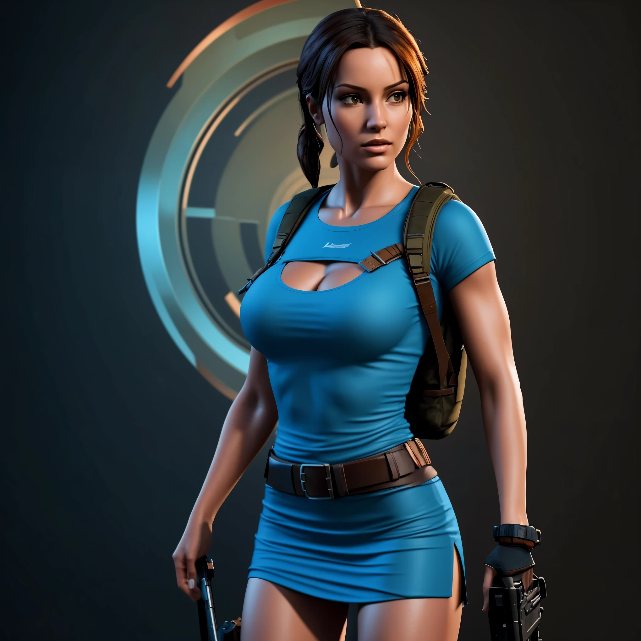 T-shirt logo, splendid painting, Lara Croft, Tomb Raider beautiful, shag hair, epic digital art illustration, 4k detailed digital art, high definition art, video game digital art, full body, blue blouse, backpack, art background, an ultra realistic 3D complex graphic, no text, painting, cinematic, 3D rendering, typography, 8k black background, high resolution, highly detailed 4k digital art
