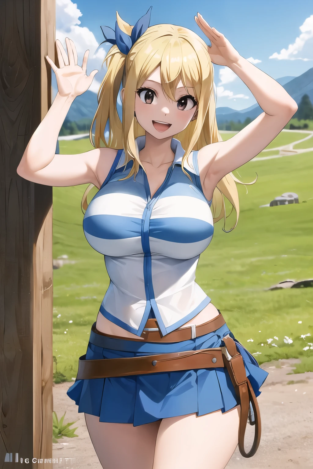 masterpiece, best quality, highres, lucy heartfilia, blonde hair, long hair, large breasts, white shirt, sleeveless, belt, blue skirt, cowboy shot, standing, looking at viewer, outdoors, waving, smile, open mouth,