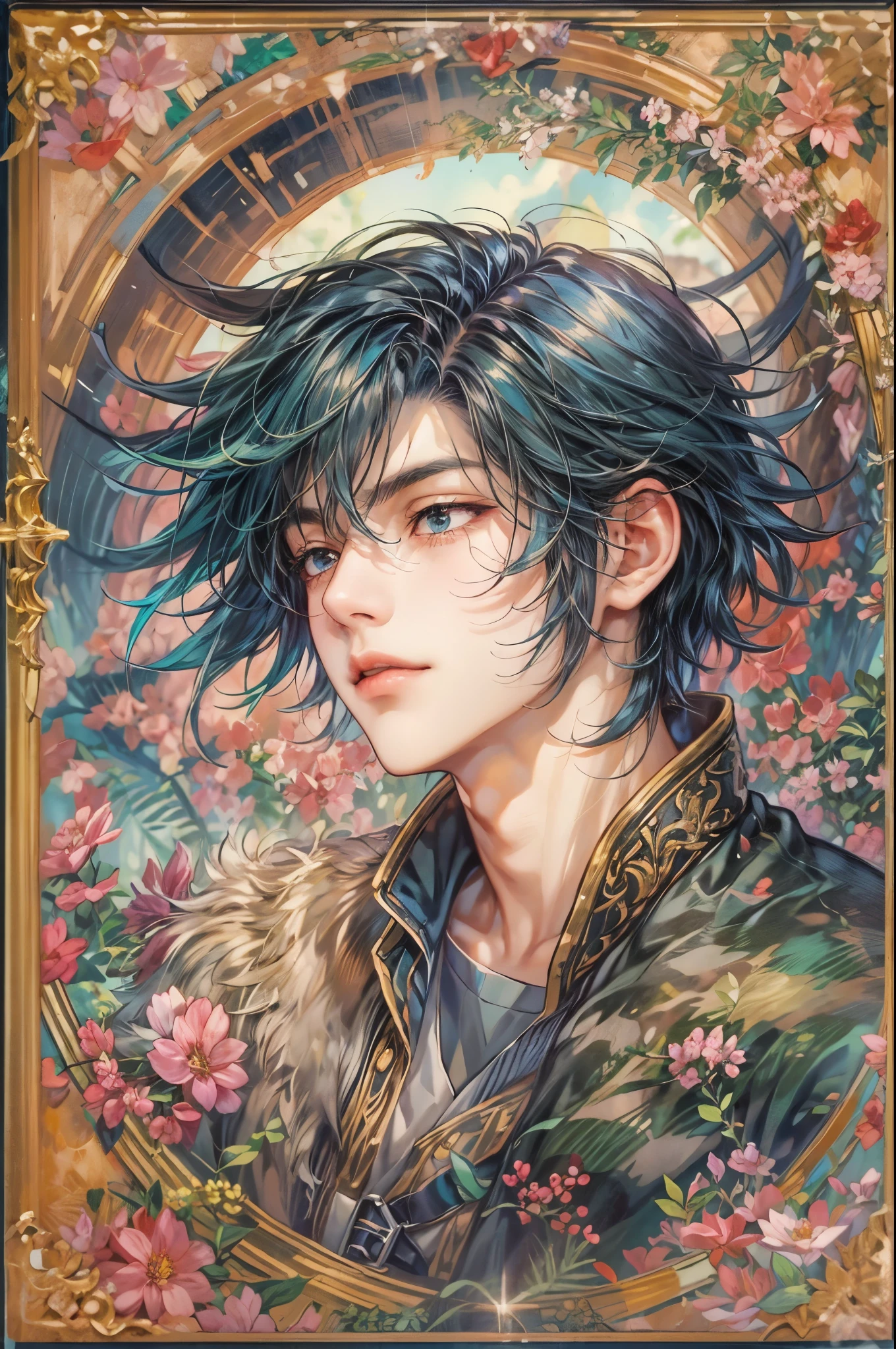 ((Best quality)), ((masterpiece)), (detailed), ((perfect face)), ((halfbody)) Amidst a tranquil slumps, a handsome young character from saga frontier 2, resides in a cozy home, where he channels his creative energy into capturing the enchanting harmony between nature and his inner world. As day turns to night, the moonlight envelops his canvas, revealing a breathtaking masterpiece that embodies the essence of his soul's journey and the beauty he discovers within himself."