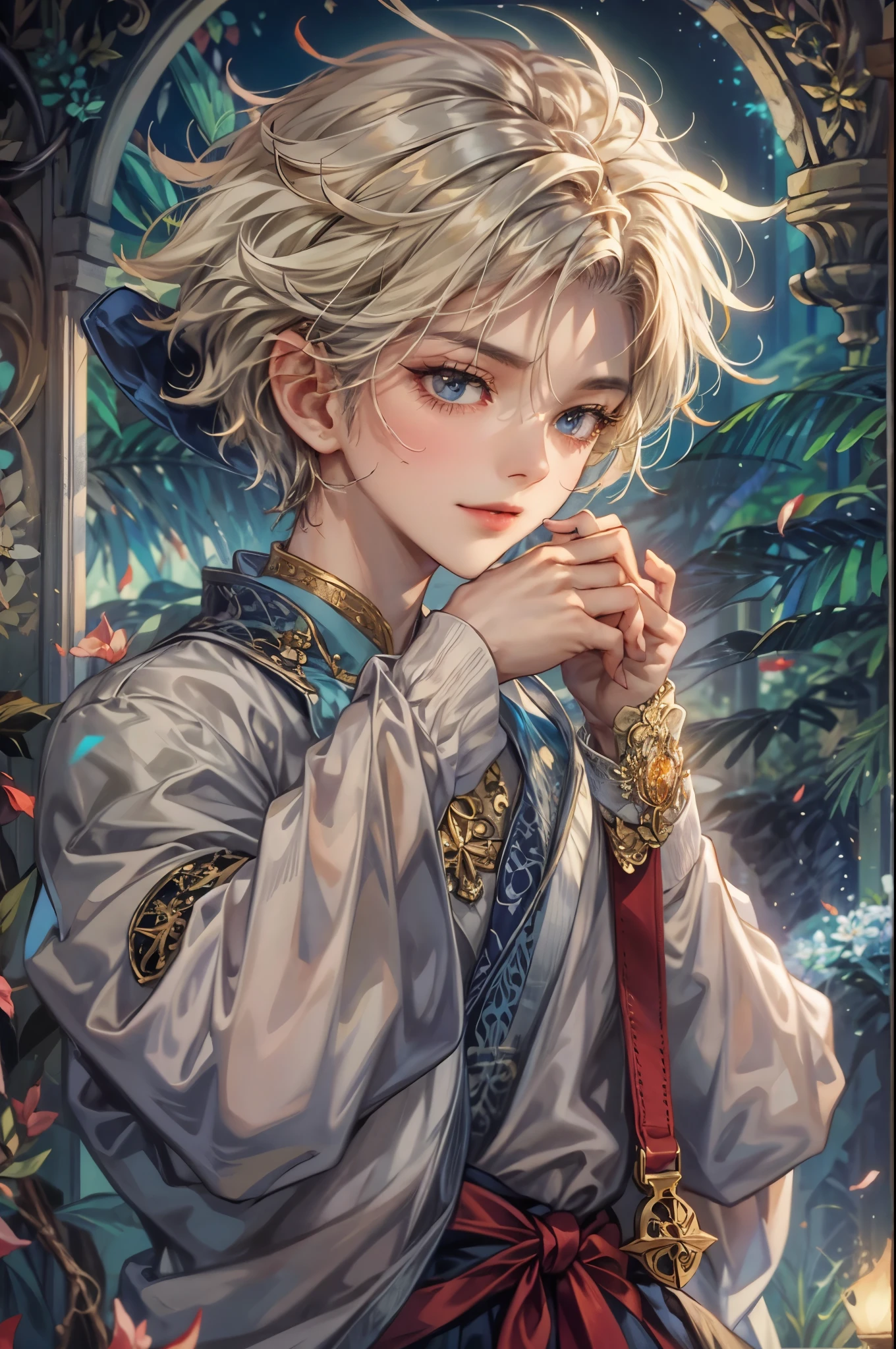 ((Best quality)), ((masterpiece)), (detailed), ((perfect face)), ((halfbody)) Amidst a tranquil slumps, a handsome young character from saga frontier 2, resides in a cozy home, where he channels his creative energy into capturing the enchanting harmony between nature and his inner world. As day turns to night, the moonlight envelops his canvas, revealing a breathtaking masterpiece that embodies the essence of his soul's journey and the beauty he discovers within himself."