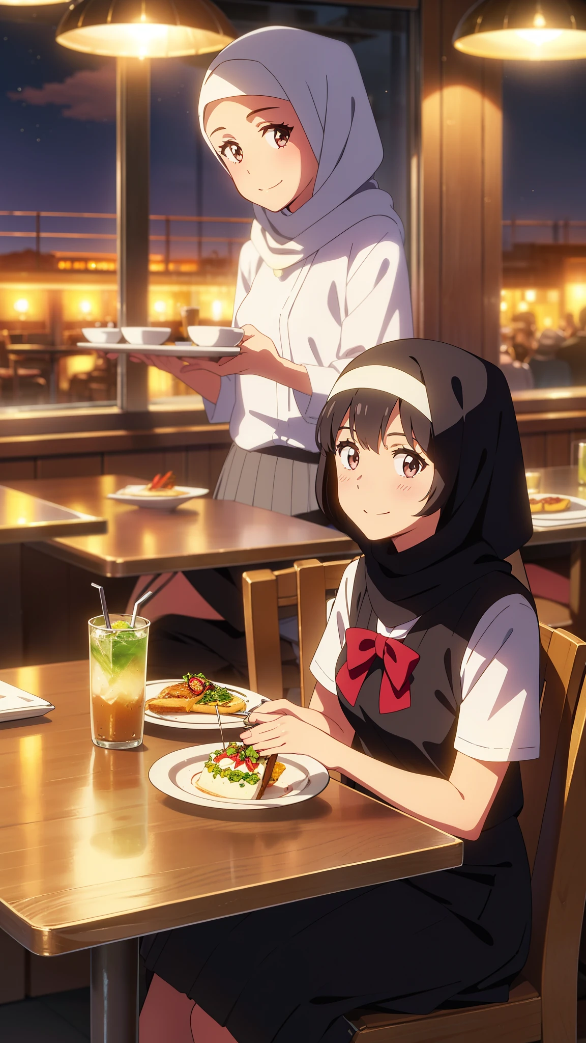 shinkai makoto, kimi no na wa., 1girl, bangs, black hair, short hair, ((wearing islamic hijab)), blush, bright eyes, brown eyes, red bow, smile, cute, beautiful, shiny skin, solo, looking at the viewer, shirt, white shirt, short sleeves, black skirt, long skirt, evening, sunset, cloudy, dynamic lights, indoors, restaurant, resto, cafe, foods and drinks, table and chair, eating, open mouth, :D, sitting