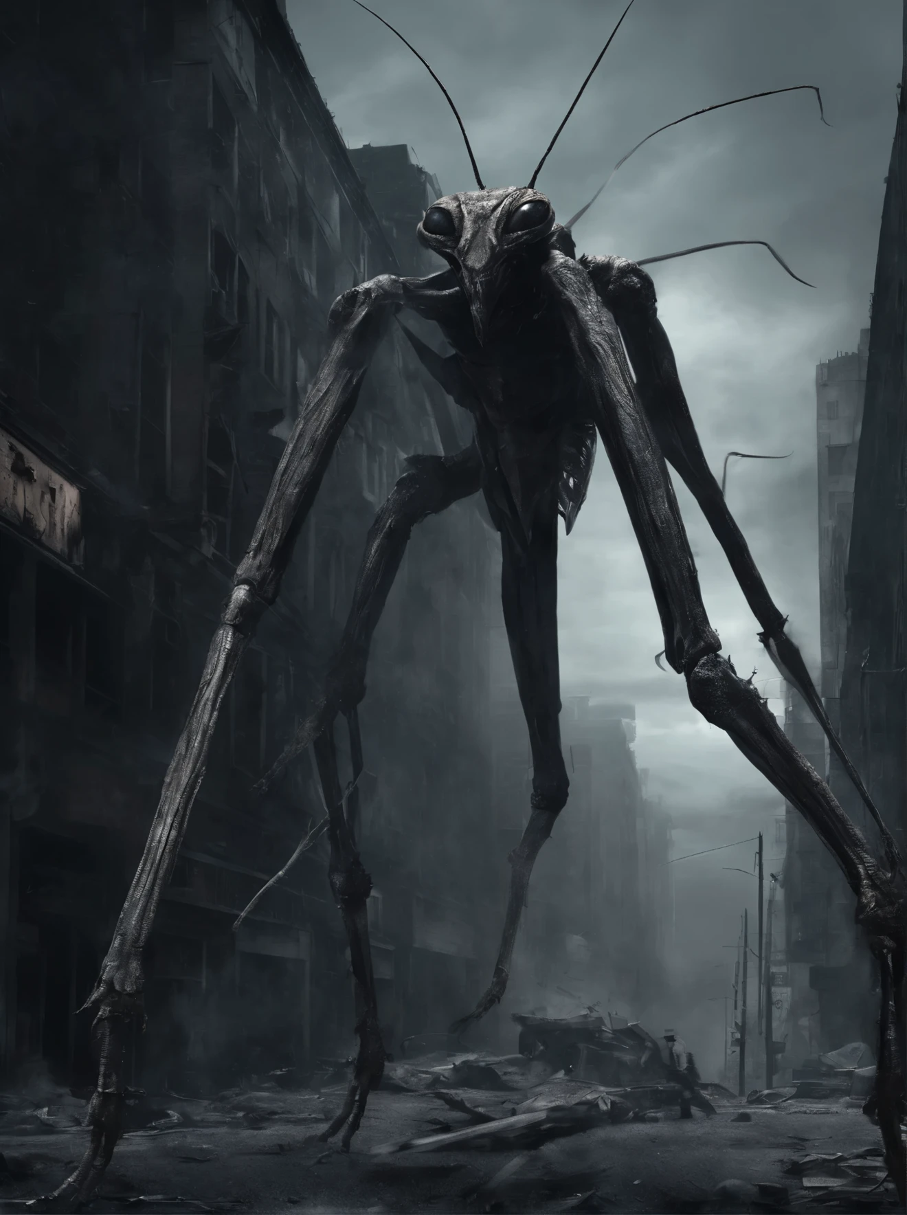 best quality, 8k, giant praying mantis monster, wielding a giant scythe, destroying the city and going on a rampage, people running around, giant creature, motion-blur, action-lines, speed-lines