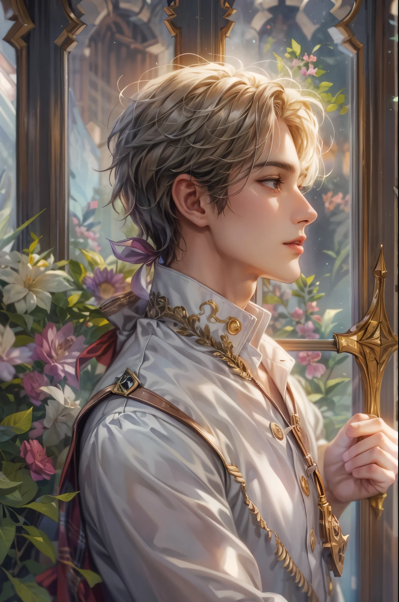 ((Best quality)), ((masterpiece)), (detailed), ((perfect face)), ((halfbody)) "Captivate the View: A Handsome Prince Reflecting on Life's Transitions from His Comfortable Window Perch"