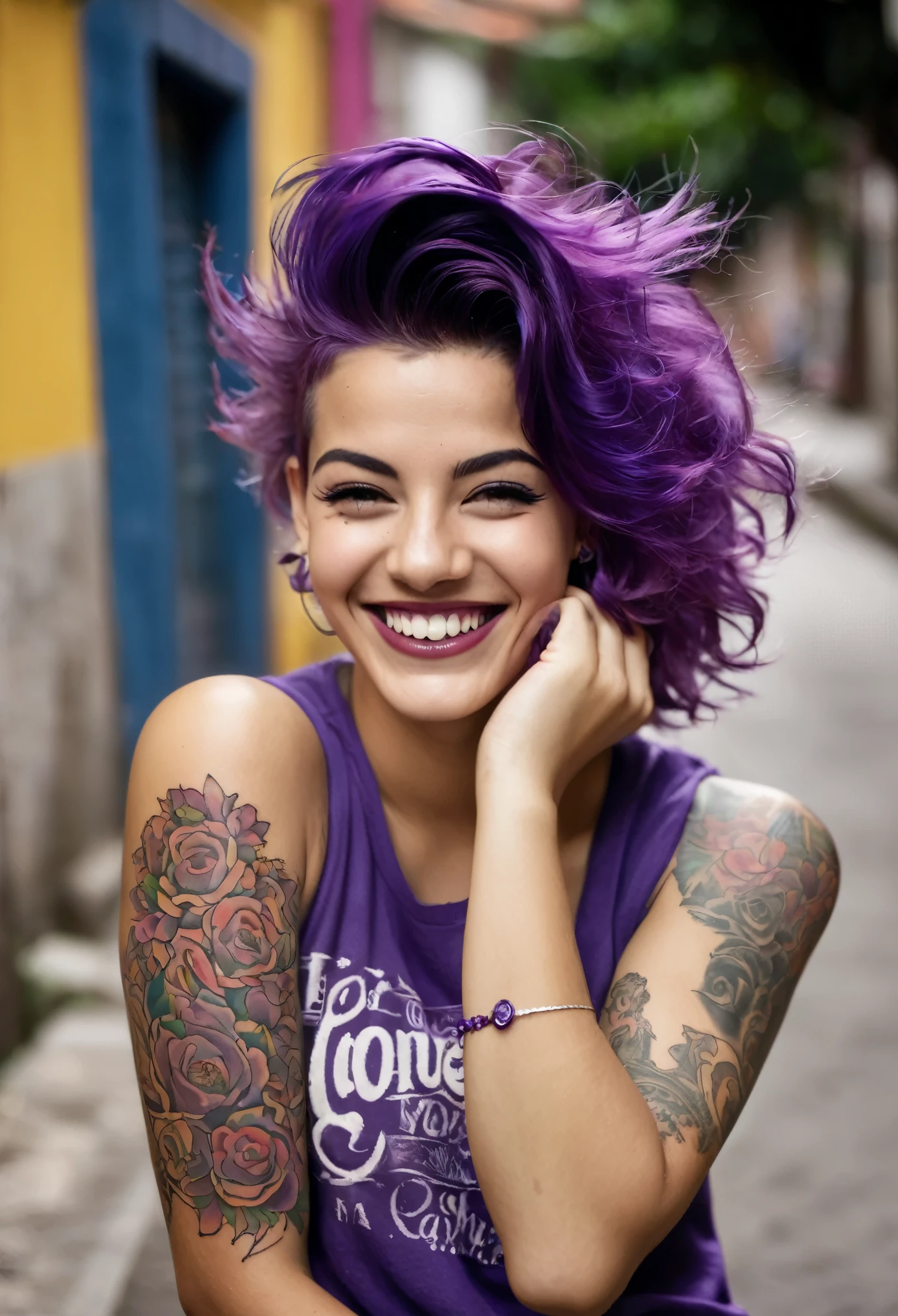 fotografia de rua de uma jovem com cabelo roxo, sorriso, feliz, camiseta fofa, tattoos on arms, sentado em uma lanchonete dos anos 50 