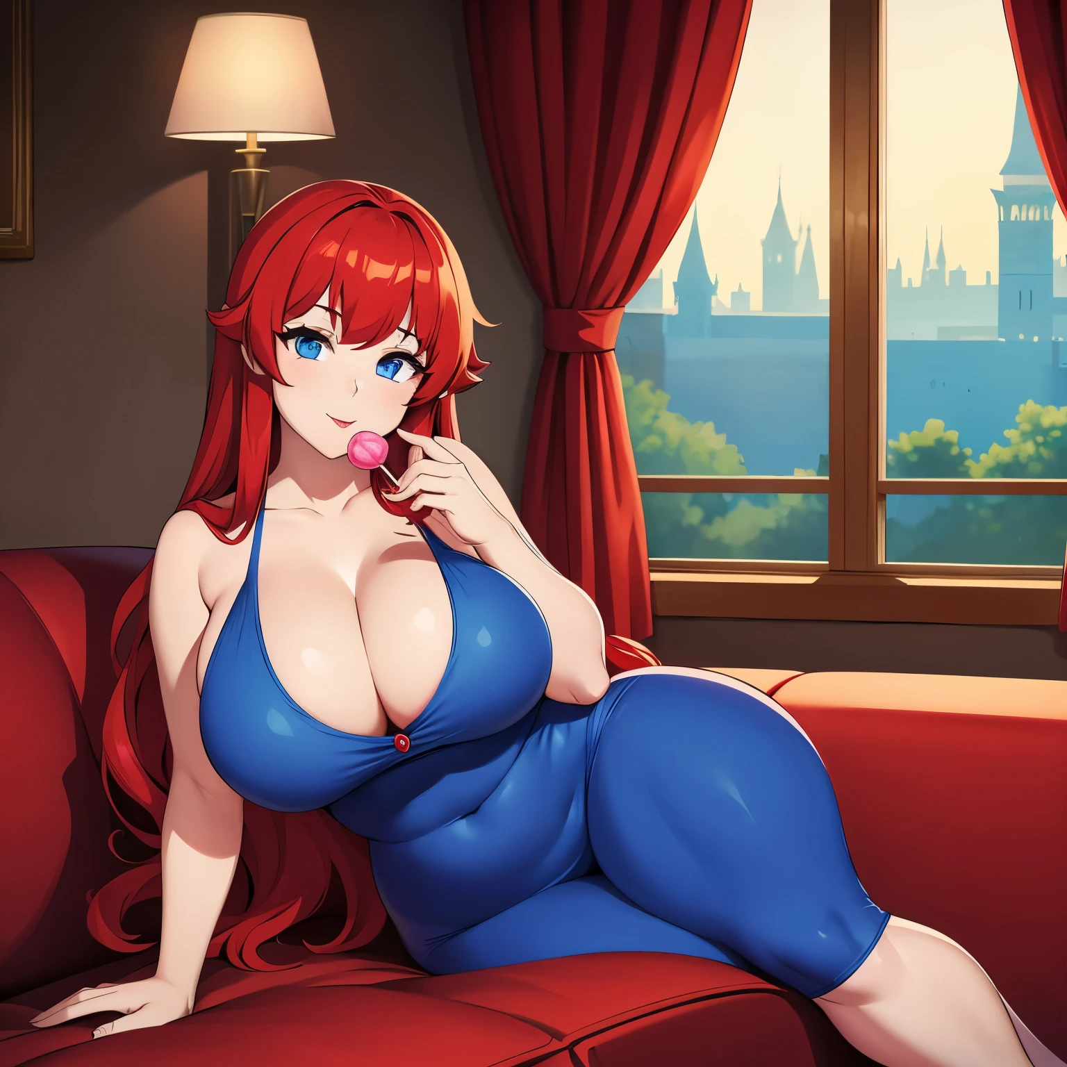 Princess, red hair, long hair, beautiful face, beautiful eyes, blue eyes, chubby, larger chest, red dress, skin tight, cleavage, boob window, thicc thighs, thicc, licking lollipop, red lollipop, sitting on couch, lamp, window