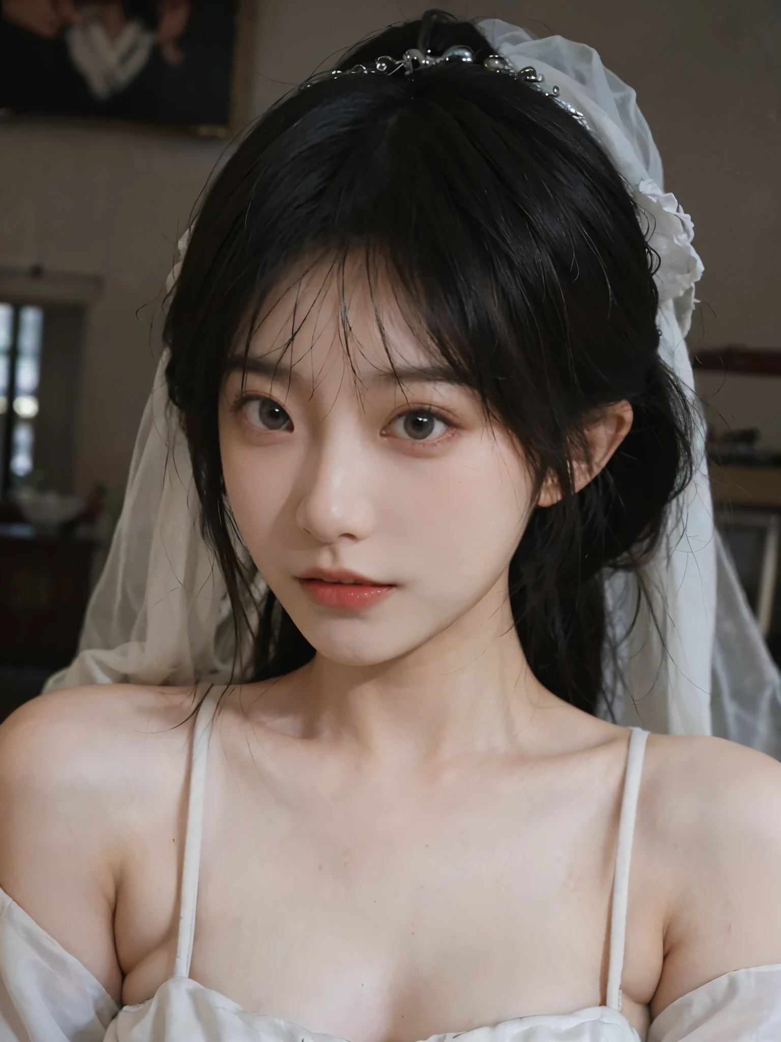 Film portrait photography, 1 girl, bare shoulders, meatball head, white wedding dress, (Realistic and detailed eyes, natural skin texture, Realistic facial details), Soft dramatic lighting, depth of field, Bokeh, Vibrant details, Detailed and detailed, surreal, 35mm film, hazy, ,