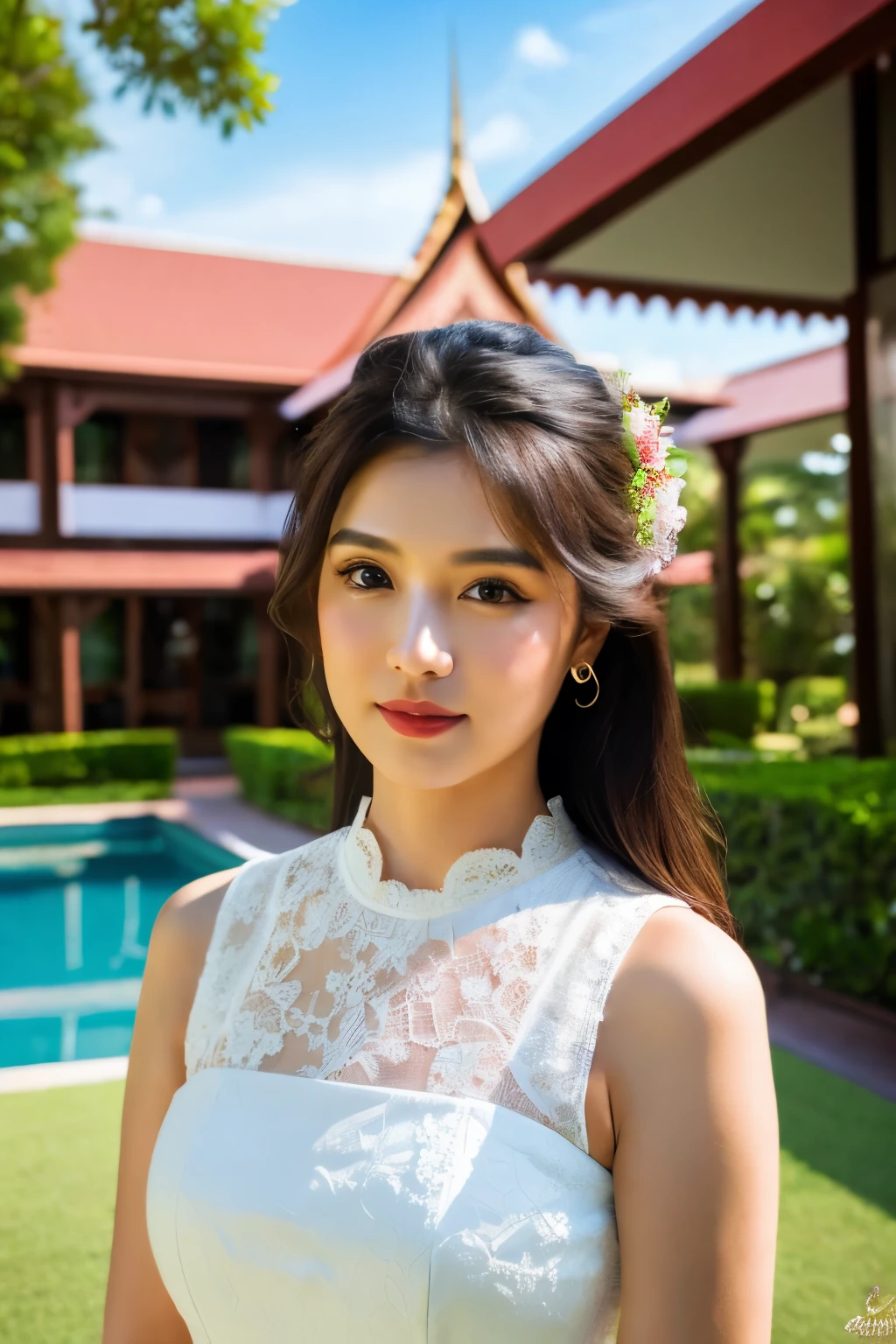 (8k, best quality, masterpiece:1.2),(realistic, photo-realistic:1.37),ultra-detailed,beautiful devil,upper body,face the front,looking at viewer,wearing white lace dress, beautiful devil,upper body,face the front,looking at viewer, in Moven pick hotel resort in Khao Yai Thailand. Castle hotel in the background