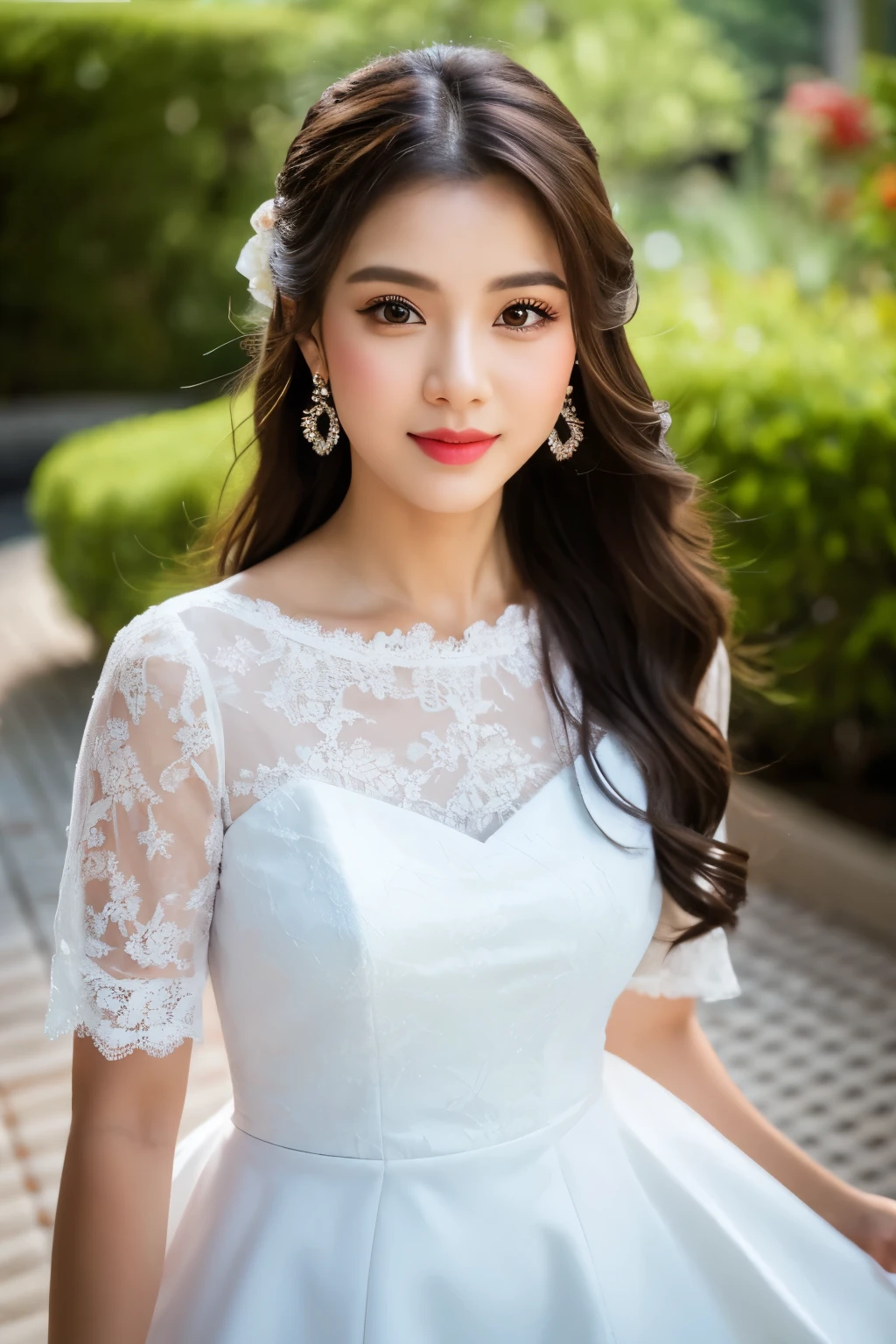 (8k, best quality, masterpiece:1.2),(realistic, photo-realistic:1.37),ultra-detailed,beautiful devil,upper body,face the front,looking at viewer,wearing white lace dress, beautiful devil,upper body,face the front,looking at viewer, in Moven pick hotel resort in Khao Yai Thailand. Castle hotel in the background