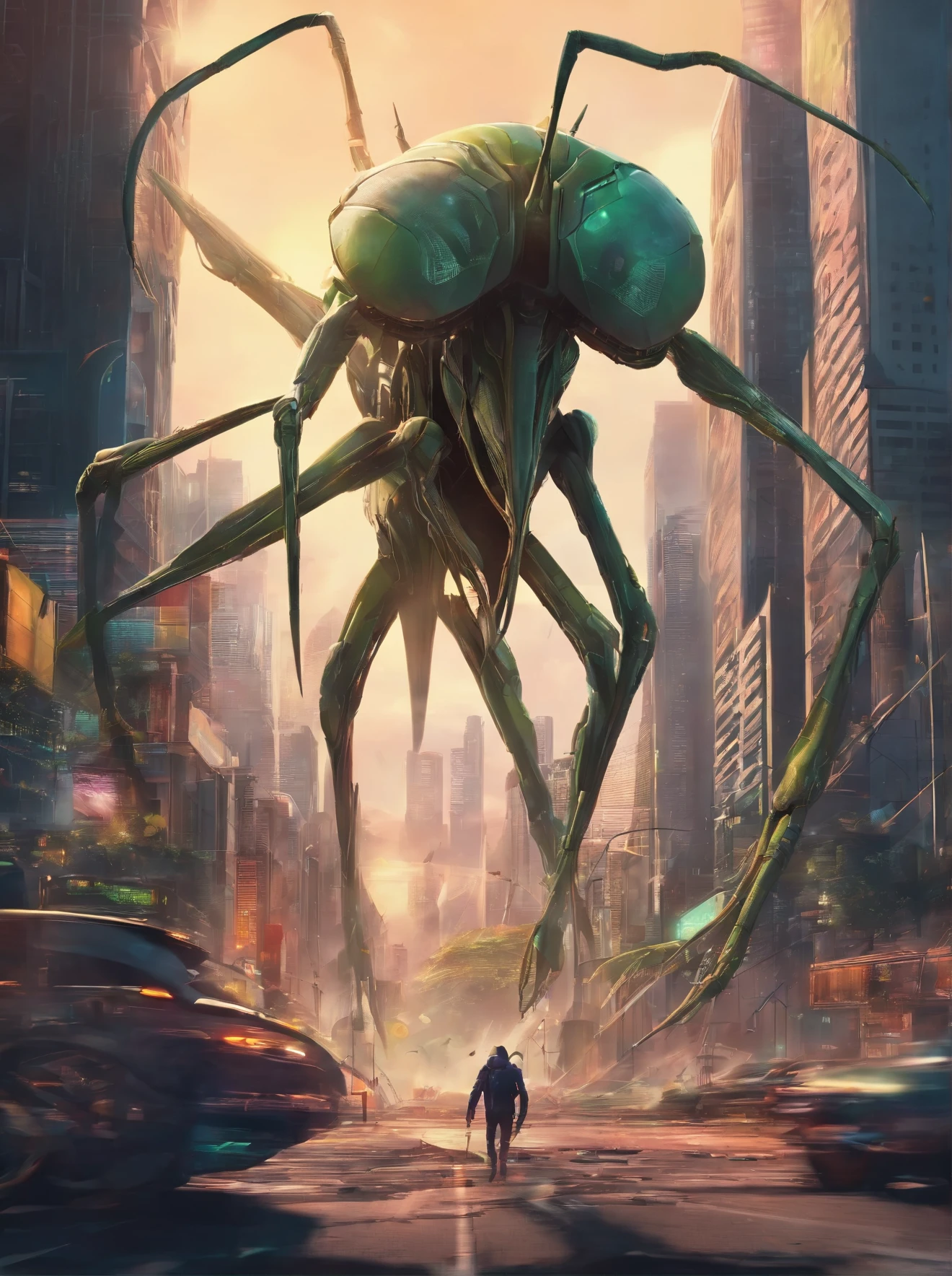 best quality, 8k, giant praying mantis monster, wielding a giant scythe, destroying the city and going on a rampage, people running around, giant creature, motion-blur, action-lines, speed-lines