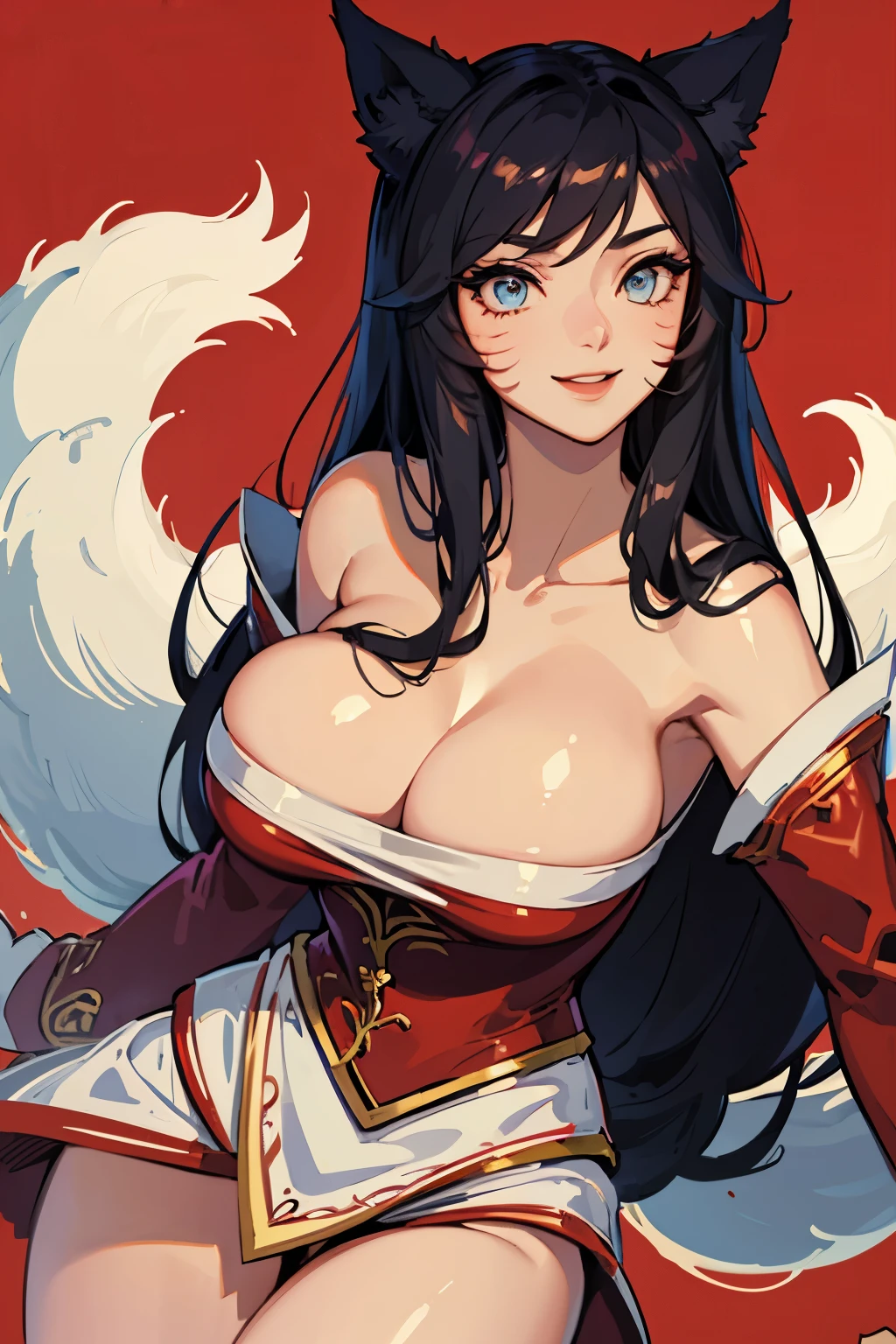 (masterpiece), best quality, expressive eyes, perfect face, busty, cleavage, large breasts, smile, simple red background, ahri, sexy skimpy armor, plunging neckline, fox tail, multiple tails