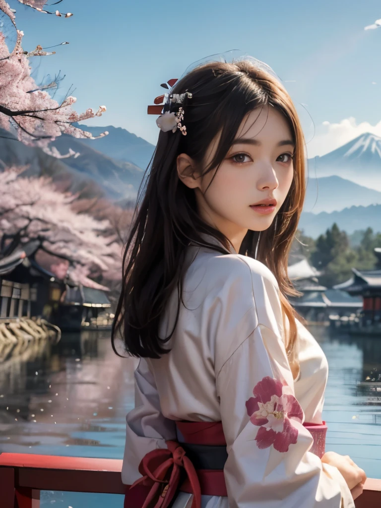 (background：The mountains are full of cherry blossoms，Mountains and fog)((Ukiyo-e))japanese art,or period,tokyo art, lily,Natural landscape.(masseter membrane、top quality、Ukiyo-e style、mystery、Exquisite and beautiful、official art、Sharaku:1.2)、(1 japanese girl in:1.3)、(Fractal art:1.3)、cowboy shooting、White skin、(beautiful brunette、kimono:1.2)、以日本传统表演艺术为background、rich and colorful、(reel、Belongs to Japanese style:1.2)、