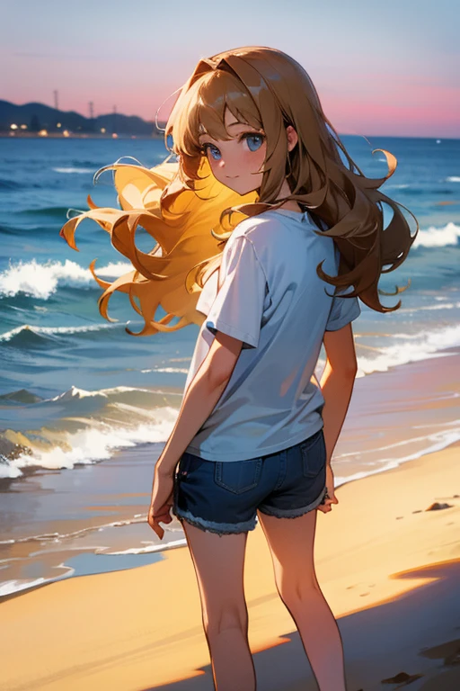 a cute 13 year old church girl named Mia, brownish blonde hair, long wavy hair, short sleeved blue wish week tshirt, shorts, on a sandy beach, sunset, standing in the water, slight smile