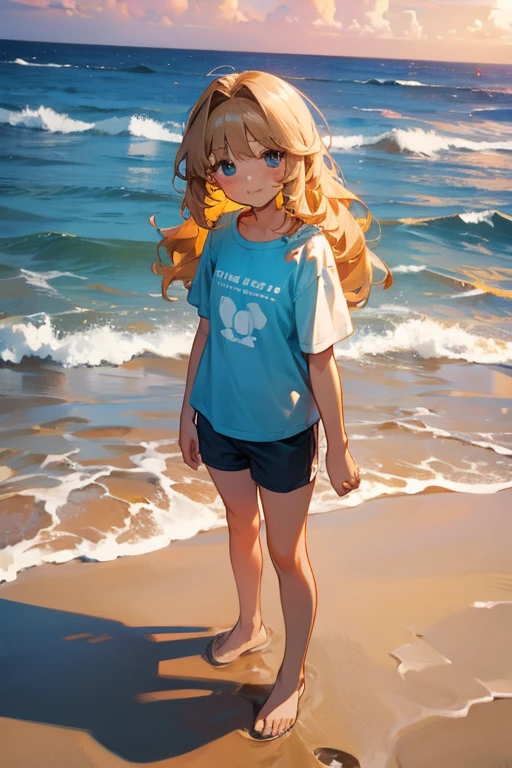 a cute 13 year old church girl named Mia, brownish blonde hair, long wavy hair, short sleeved blue wish week tshirt, shorts, on a sandy beach, sunset, standing in the water, slight smile