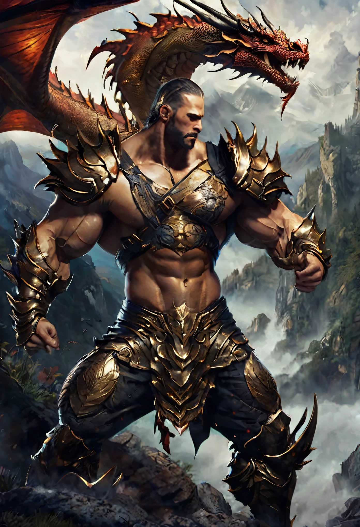 Quiero que hagas a un hombre de musculatura media con armadura inspirada en un dragon