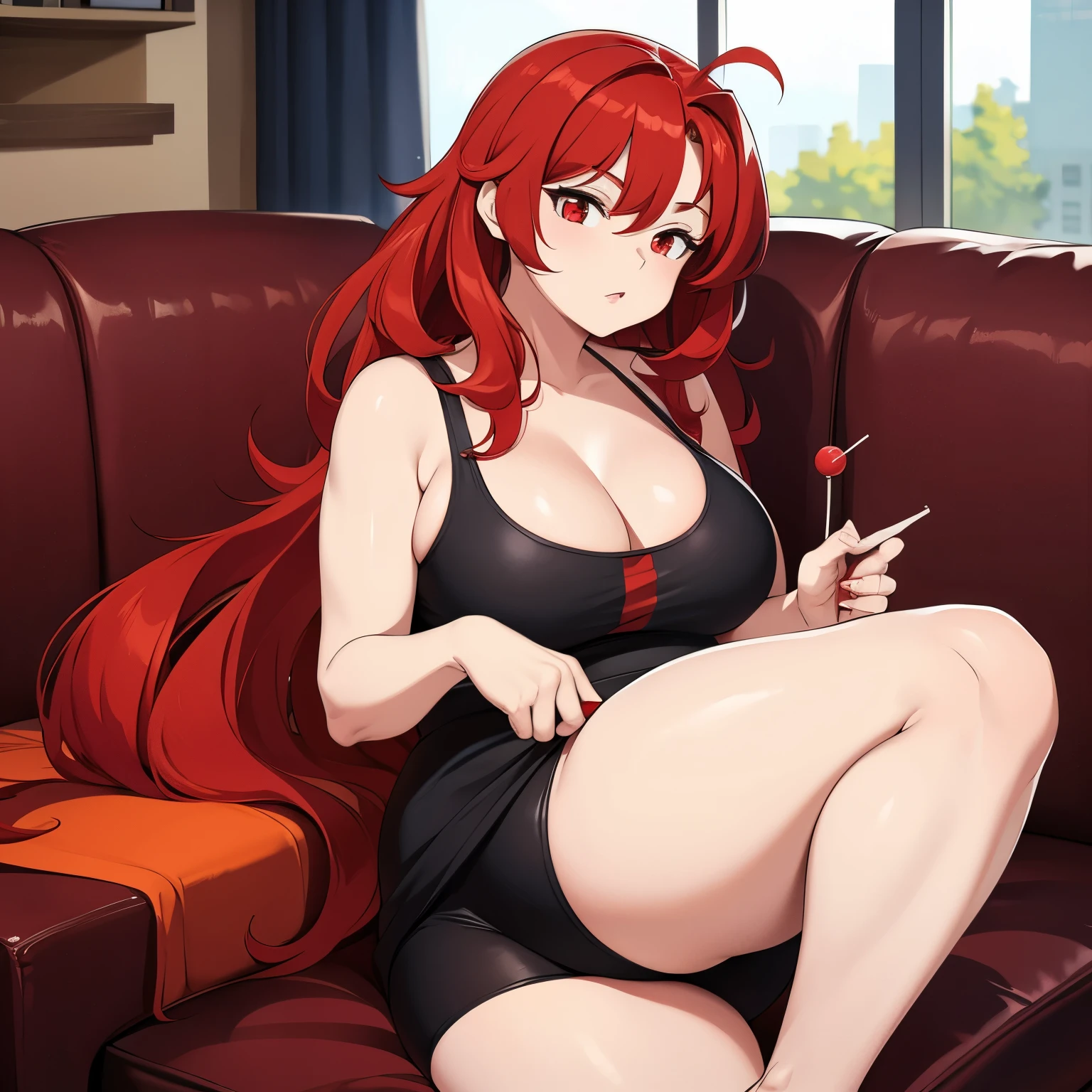 Queen, red hair, long messy hair, beautiful, red eyes, chubby, large chest, cleavage, thicc thighs, lollipop, sitting on couch,