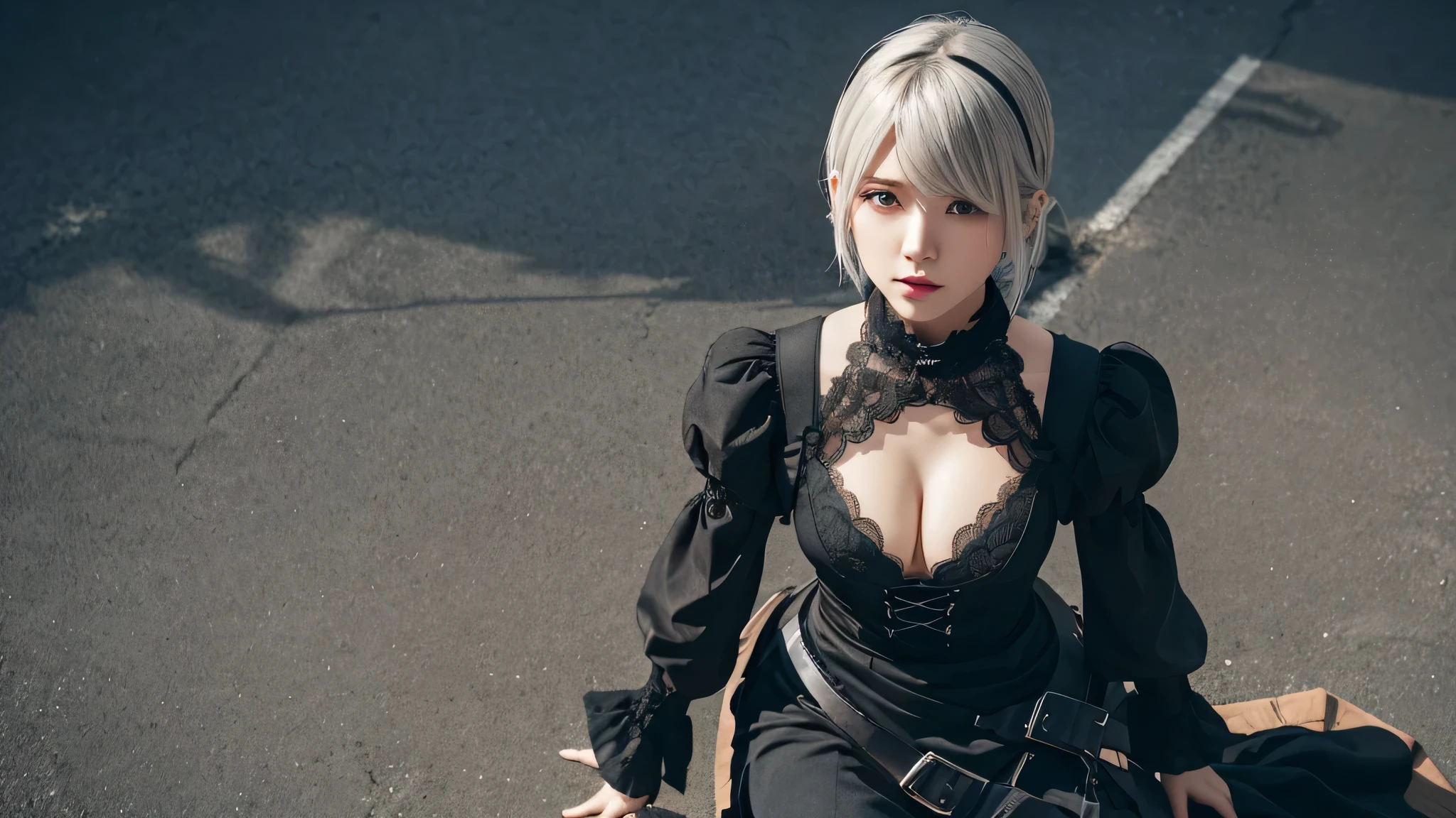 realistic, photorealistic, 1 girl, YoRHa type B, chest, , cleavage  cleavage　chest元　ent black embroidery、black costume、clothing clippings, green background, hair between eyes, hair band, High resolution, juliet sleeves, long sleeve, NieR (series), NieR automata, plump sleeves, red lips, face with shadow, short hair, alone, black turtleneck, ruffle skirt, whole body, silver hair, blue sky、Good usage、sexy、Angle from above