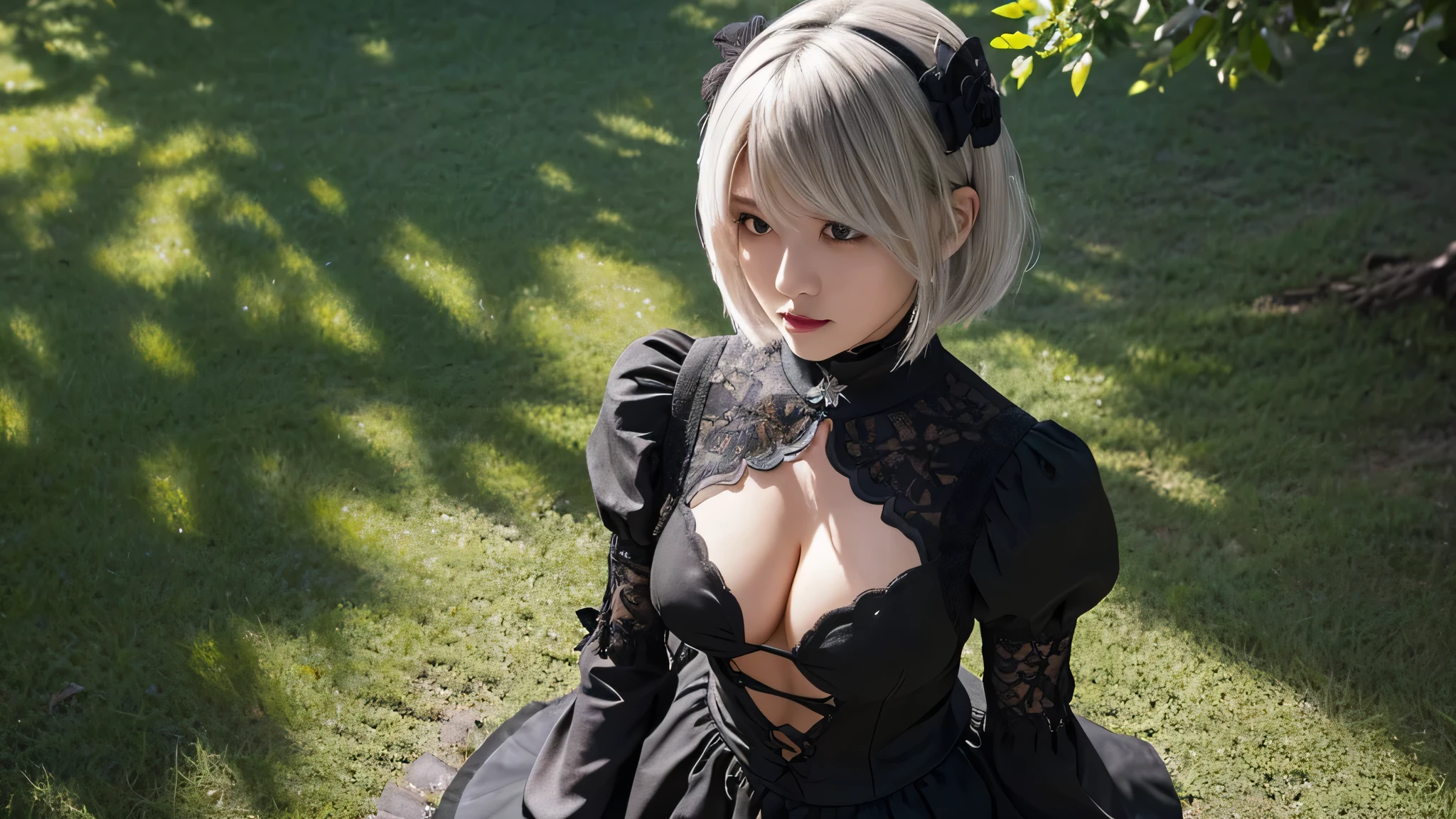 realistic, photorealistic, 1 girl, YoRHa type B, chest, cleavage, cleavage cutout, cleavage chest元 translucent black embroidery、black costume、clothing clippings, green background, hair between eyes, hair band, High resolution, juliet sleeves, long sleeve, NieR (series), NieR automata, plump sleeves, red lips, face with shadow, short hair, alone, black turtleneck, ruffle skirt, whole body, silver hair, blue sky、Good usage、sexy、Angle from above
