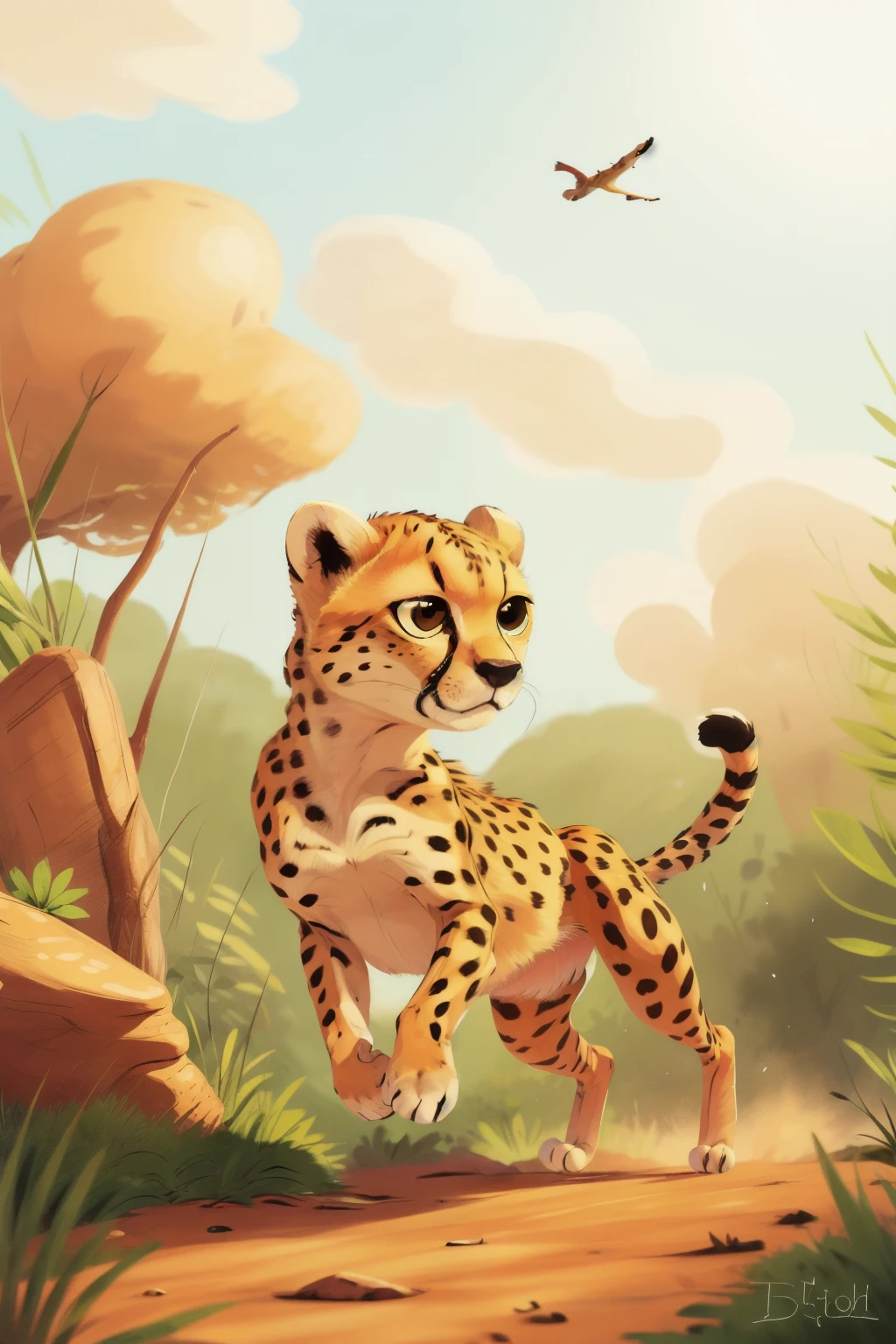 Cheetah, running cheetah, fierce eyes, aiming prey, high detail, HD, illustrations, children's picture book