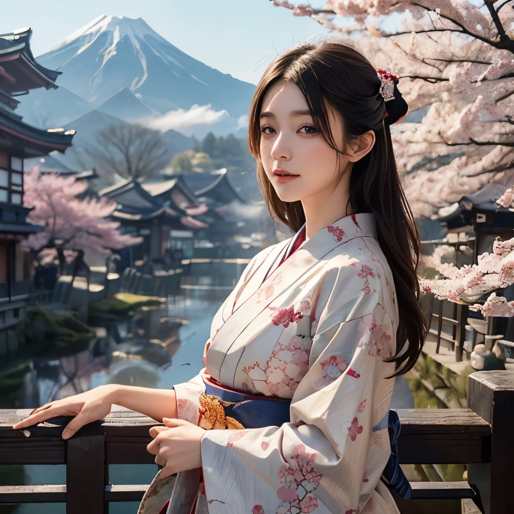 (background:The mountains are full of cherry blossoms,Mountains and fog)((Ukiyo-e))japanese art,or period,tokyo art, lily,Natural landscape.(masseter membrane、top quality、Ukiyo-e style、mystery、Exquisite and beautiful、official art、Sharaku:1.2)、(1 japanese girl in:1.3)、(Fractal art:1.3)、cowboy shooting、White skin、(beautiful brunette、kimono:1.2)、以日本传统表演艺术为background、rich and colorful、(reel、Belongs to Japanese style:1.2)、