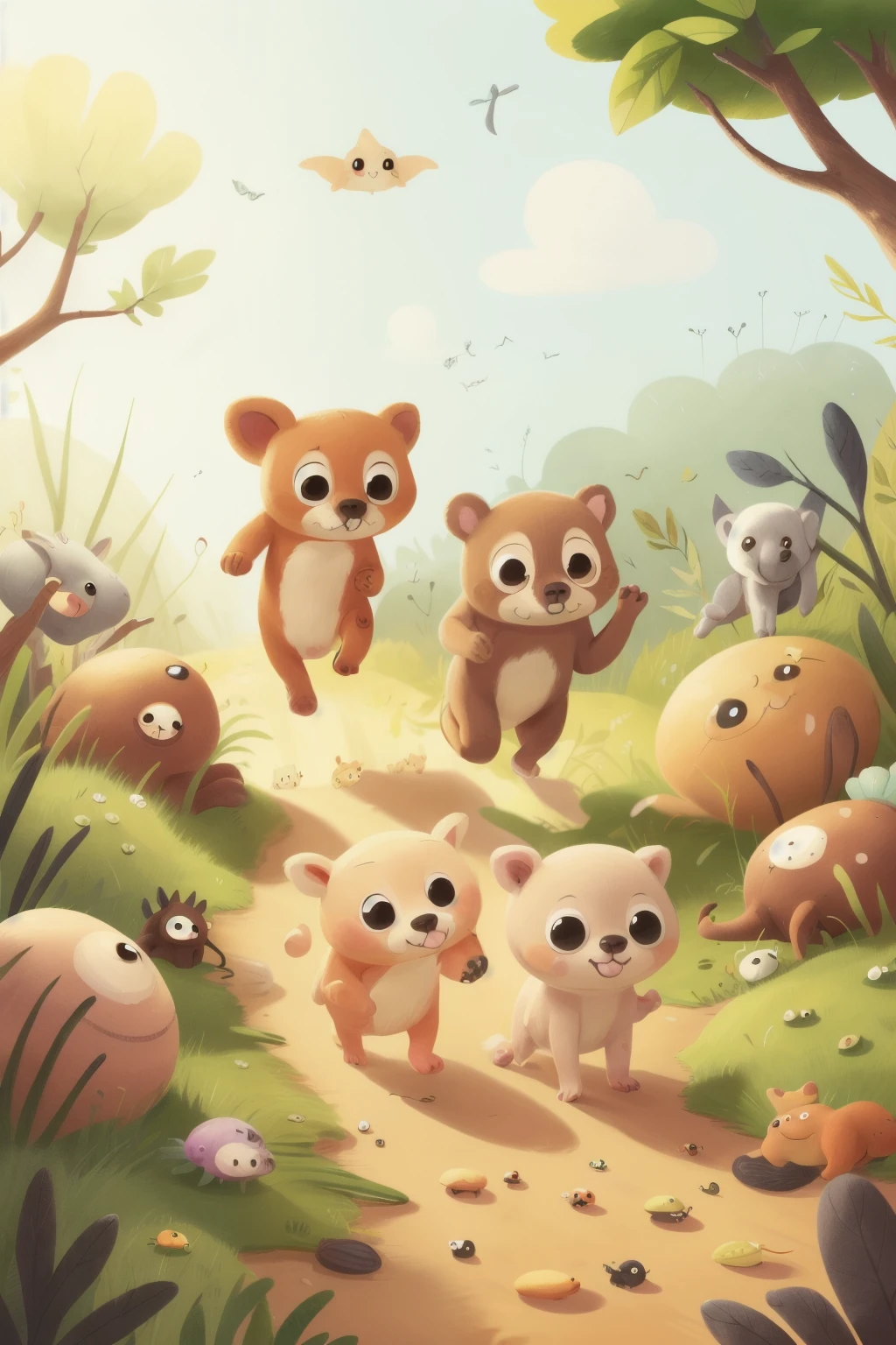 Little animals on the run, scared eyes, high detail, HD, illustrations, children's picture book