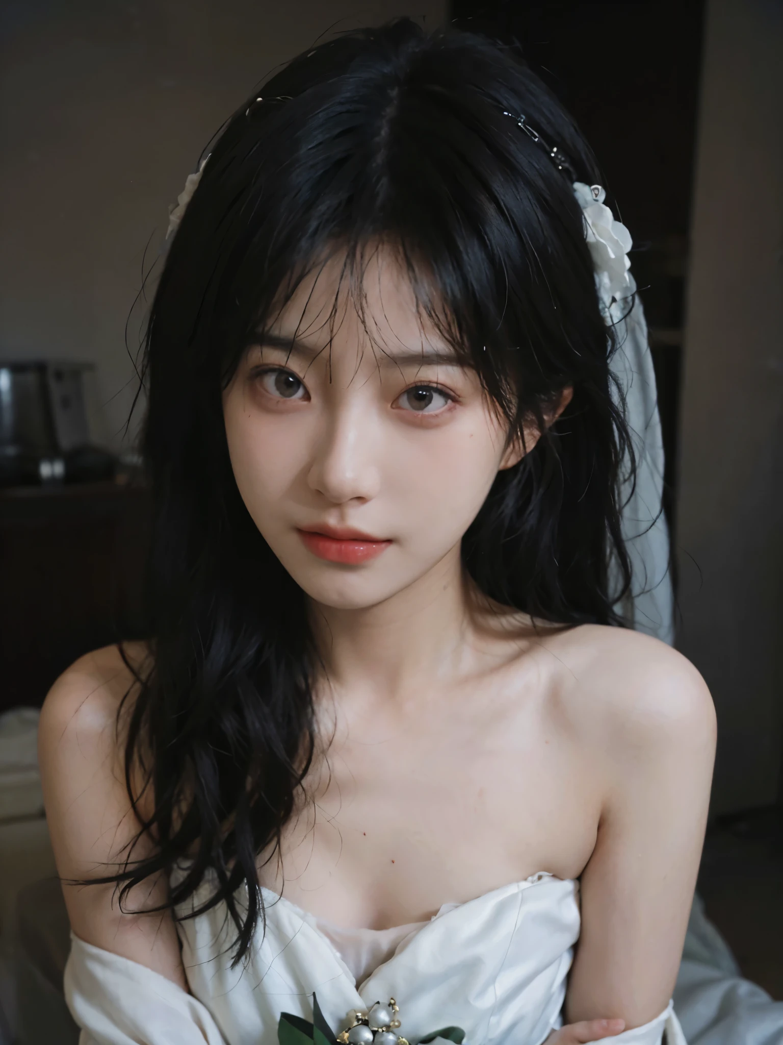 Film portrait photography, 1 girl, bare shoulders, air bangs,Long straight black hair, white wedding dress, (Realistic and detailed eyes, natural skin texture, Realistic facial details), Soft dramatic lighting, depth of field, Bokeh, Vibrant details, Detailed and detailed, surreal, 35mm film, hazy, ,